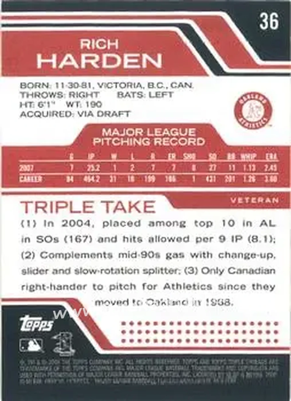 2008 Topps Triple Threads #36 - Rich Harden - Oakland Athletics - Back 2008 Topps Triple Threads #36 - Rich Harden - Oakland Athletics - Back
