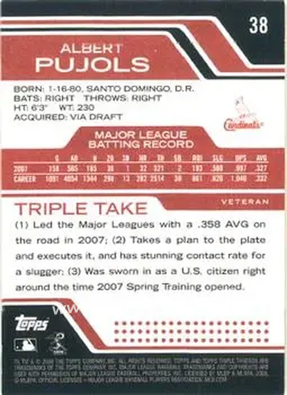 2008 Topps Triple Threads #38 - Albert Pujols - St. Louis Cardinals - Back