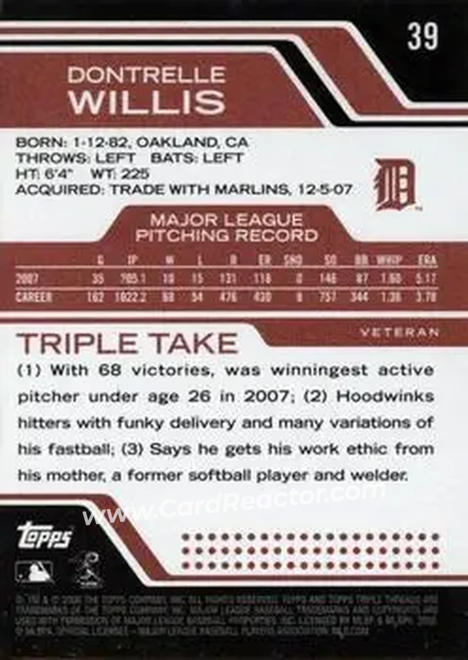 2008 Topps Triple Threads #39 - Dontrelle Willis - Detroit Tigers - Back