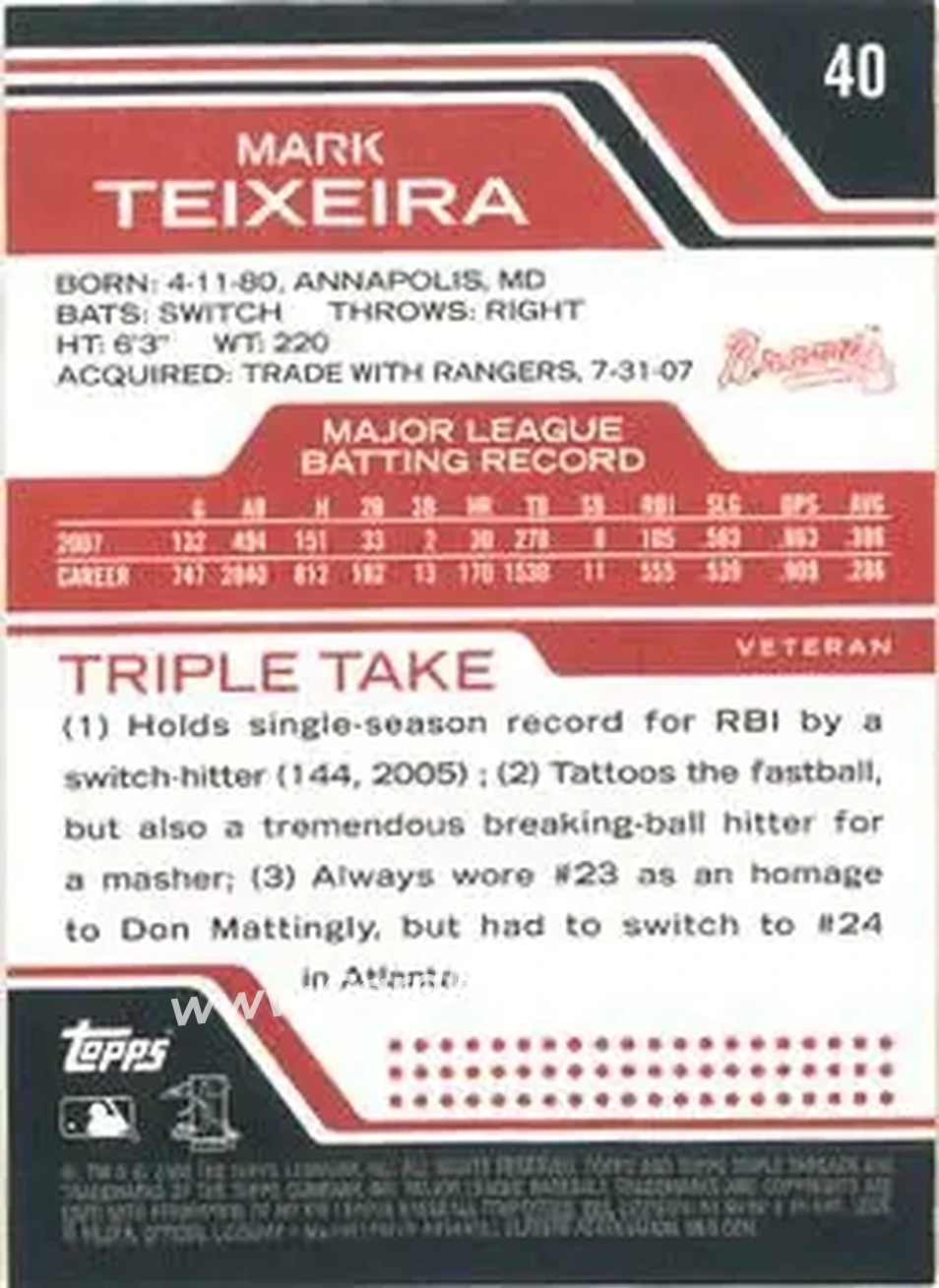 2008 Topps Triple Threads #40 - Mark Teixeira - Atlanta Braves - Back 2008 Topps Triple Threads #40 - Mark Teixeira - Atlanta Braves - Back