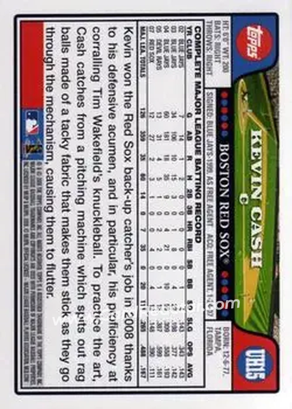 2008 Topps Updates & Highlights #UH15 - Kevin Cash - Boston Red Sox - Back