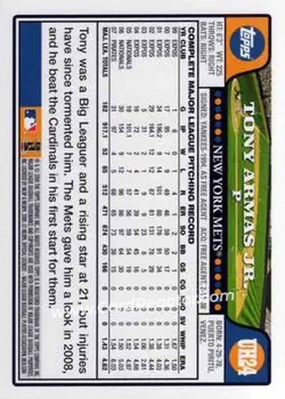 2008 Topps Updates & Highlights #UH24 - Tony Armas, Jr. - New York Mets - Back 2008 Topps Updates & Highlights #UH24 - Tony Armas, Jr. - New York Mets - Back