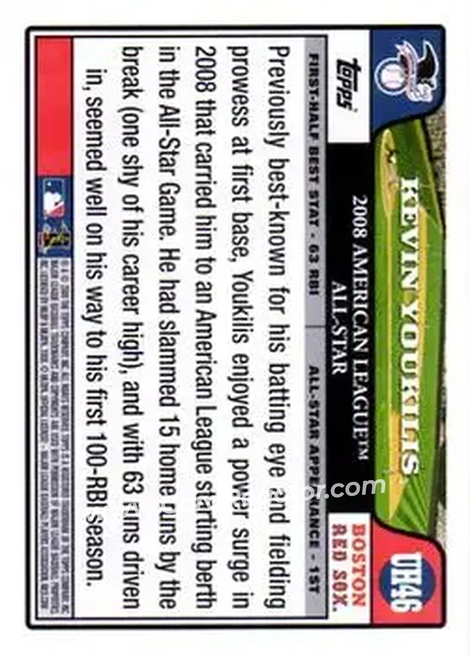 2008 Topps Updates & Highlights #UH46 - Kevin Youkilis - Boston Red Sox - Back 2008 Topps Updates & Highlights #UH46 - Kevin Youkilis - Boston Red Sox - Back
