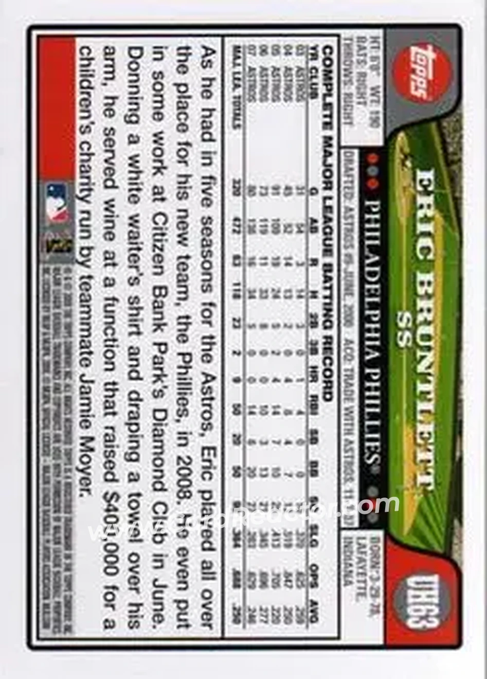 2008 Topps Updates & Highlights #UH63 - Eric Bruntlett - Philadelphia Phillies - Back 2008 Topps Updates & Highlights #UH63 - Eric Bruntlett - Philadelphia Phillies - Back