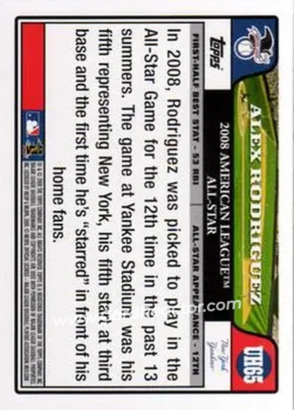 2008 Topps Updates & Highlights #UH65 - Alex Rodriguez - New York Yankees - Back