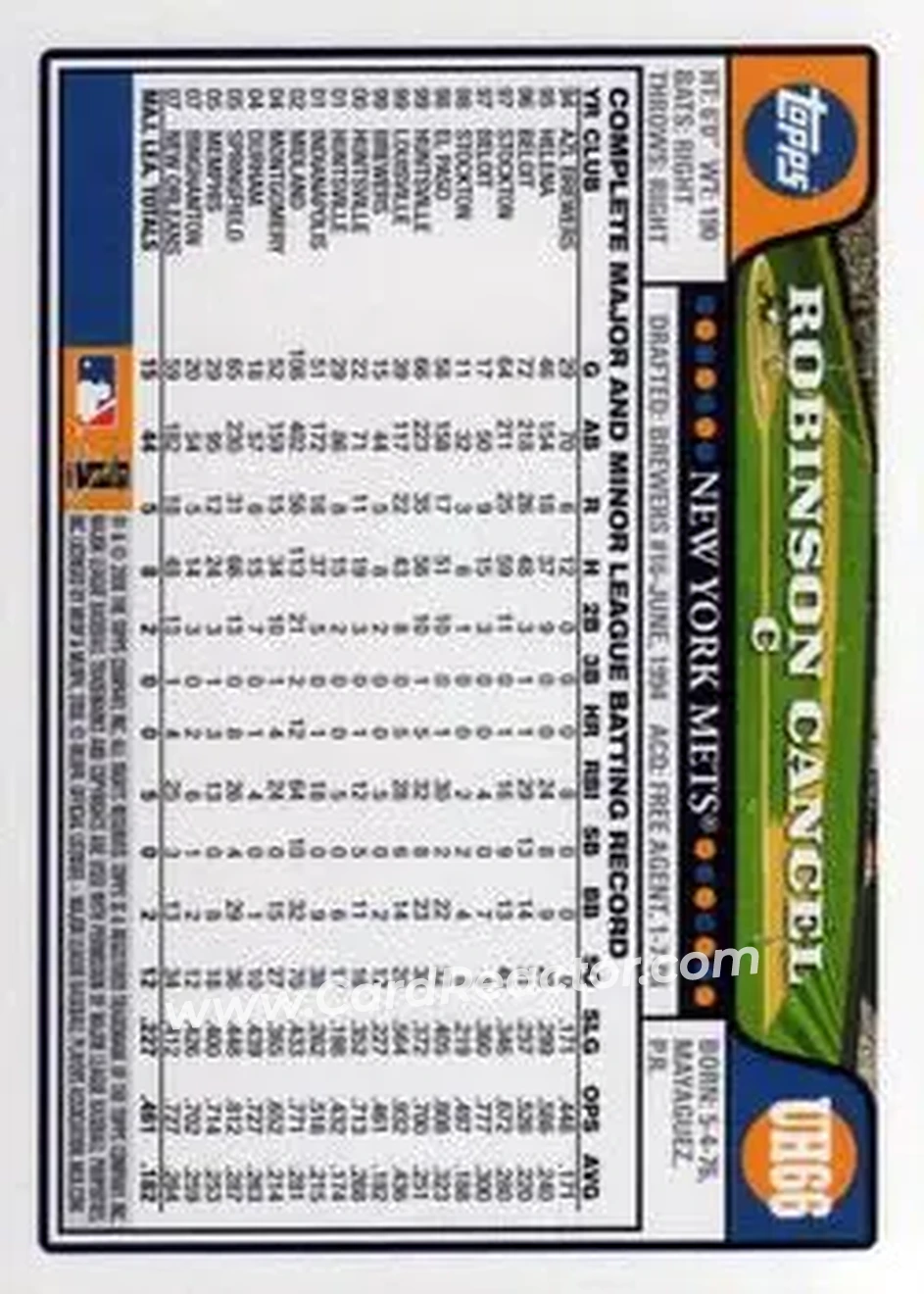 2008 Topps Updates & Highlights #UH66 - Robinson Cancel - New York Mets - Back 2008 Topps Updates & Highlights #UH66 - Robinson Cancel - New York Mets - Back