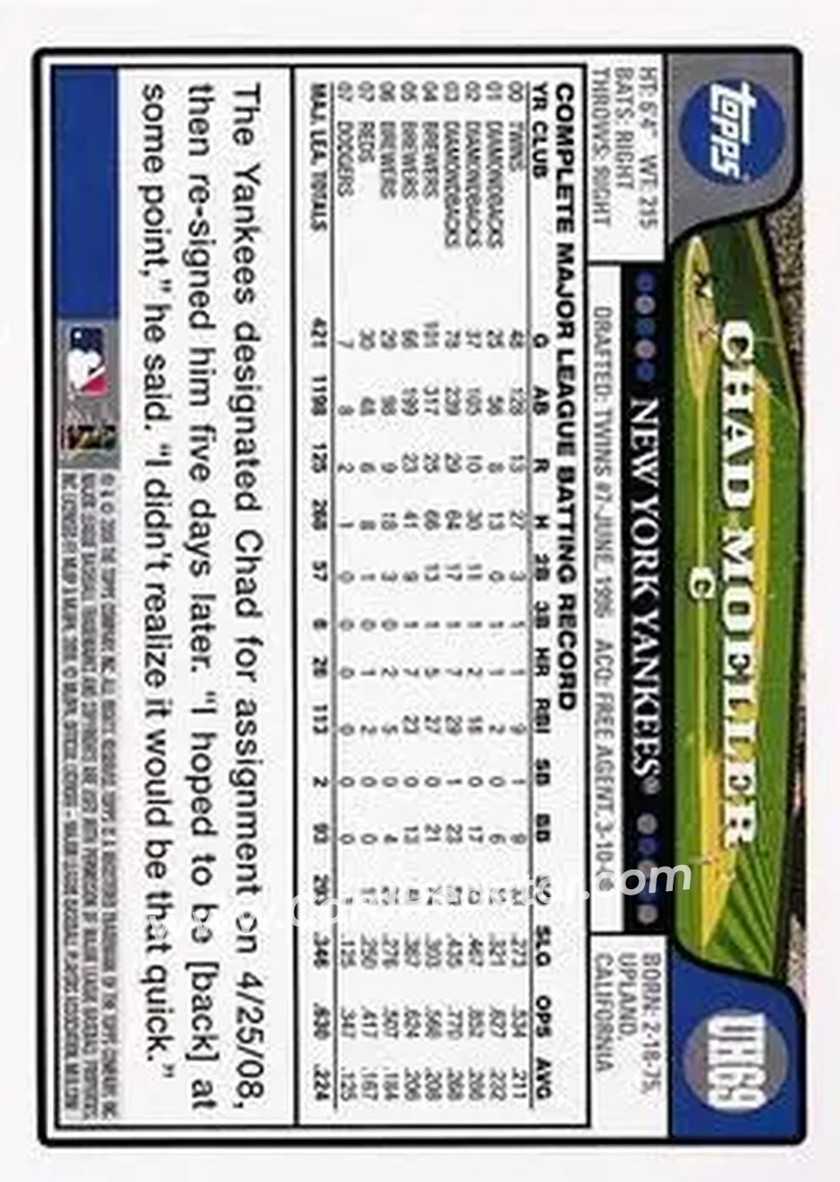 2008 Topps Updates & Highlights #UH69 - Chad Moeller - New York Yankees - Back 2008 Topps Updates & Highlights #UH69 - Chad Moeller - New York Yankees - Back