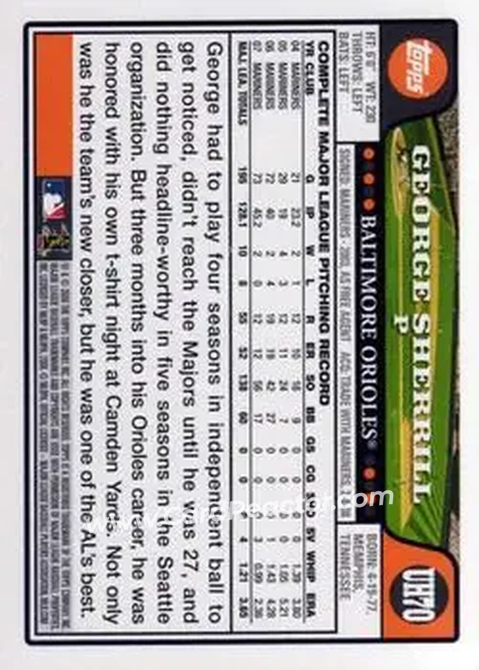 2008 Topps Updates & Highlights #UH70 - George Sherrill - Baltimore Orioles - Back