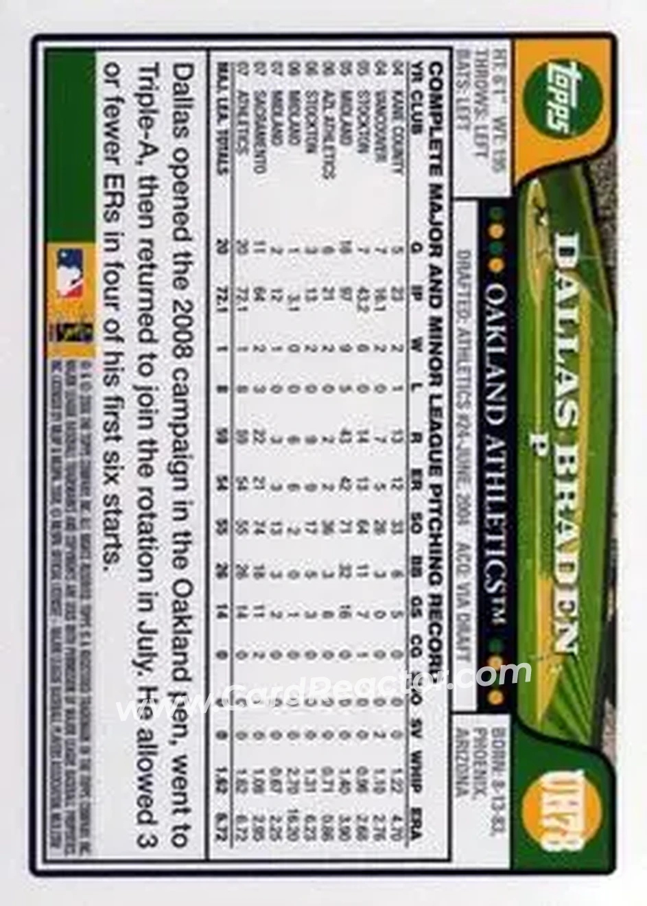 2008 Topps Updates & Highlights #UH78 - Dallas Braden - Oakland Athletics - Back
