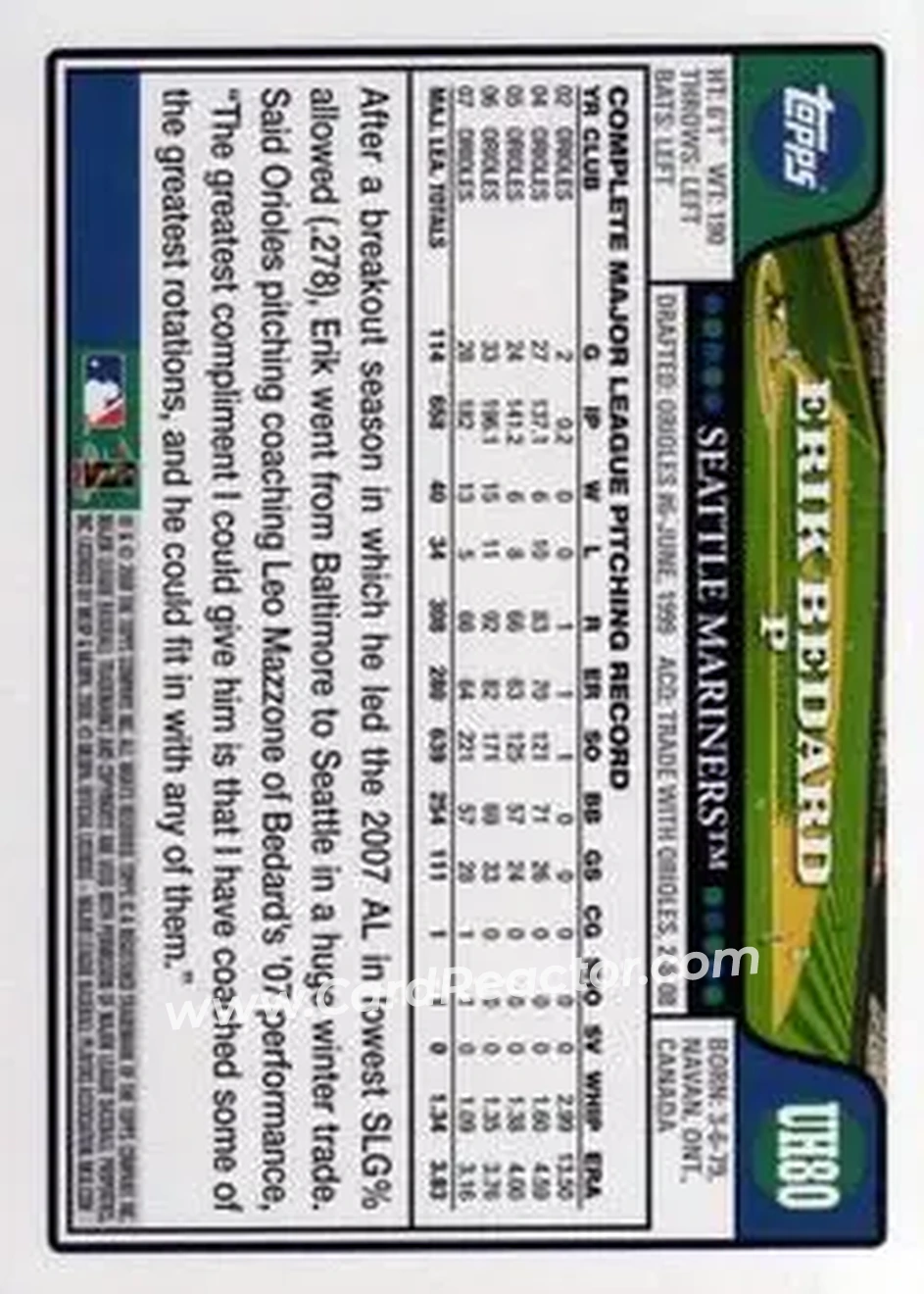 2008 Topps Updates & Highlights #UH80 - Erik Bedard - Seattle Mariners - Back 2008 Topps Updates & Highlights #UH80 - Erik Bedard - Seattle Mariners - Back
