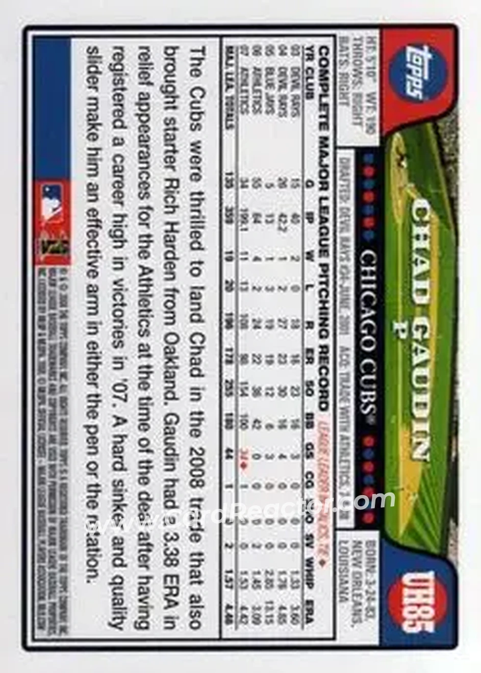 2008 Topps Updates & Highlights #UH85 - Chad Gaudin - Chicago Cubs - Back