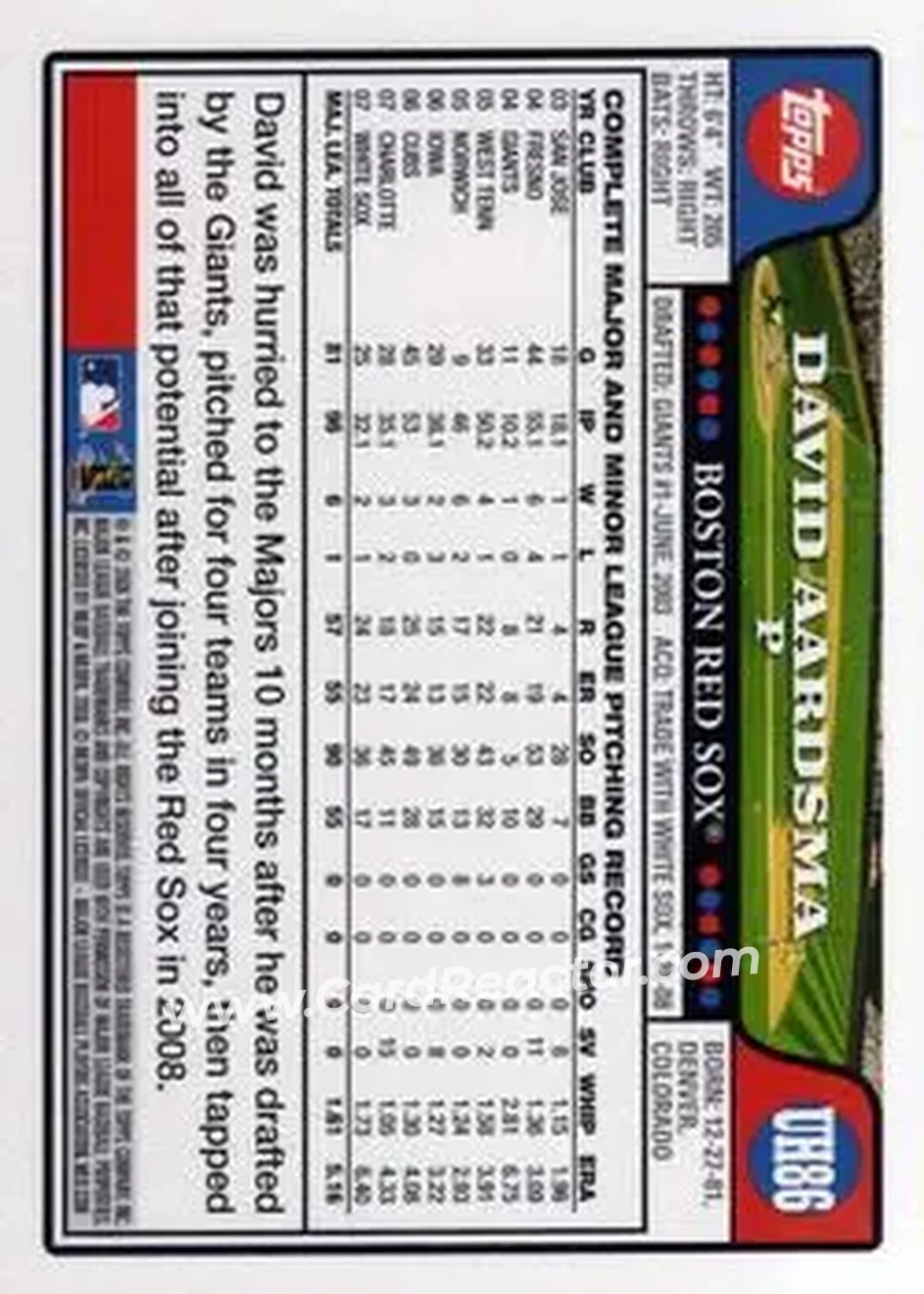2008 Topps Updates & Highlights #UH86 - David Aardsma - Boston Red Sox - Back