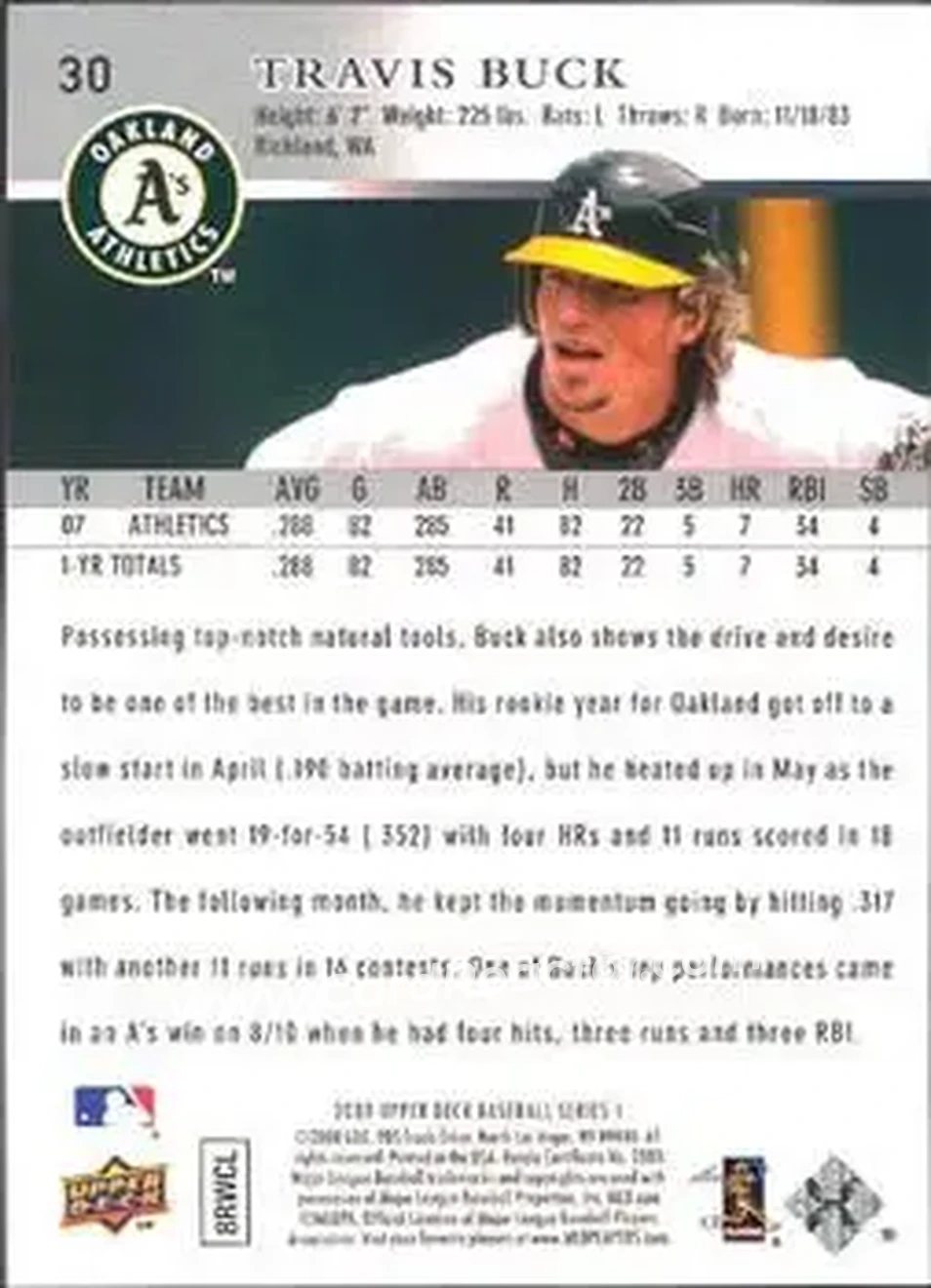 2008 Upper Deck #30 - Travis Buck - Oakland Athletics - Back 2008 Upper Deck #30 - Travis Buck - Oakland Athletics - Back