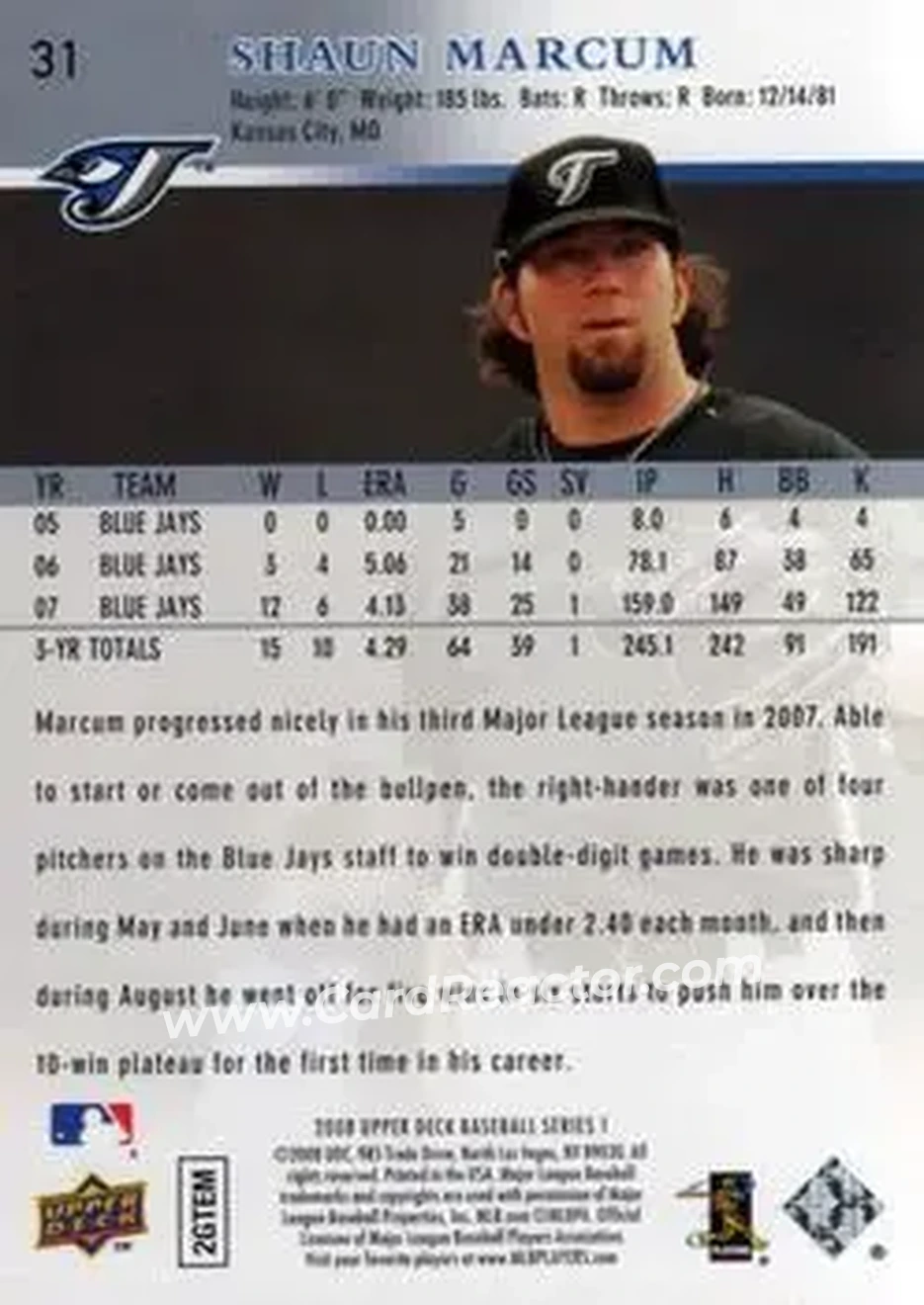 2008 Upper Deck #31 - Shaun Marcum - Toronto Blue Jays - Back