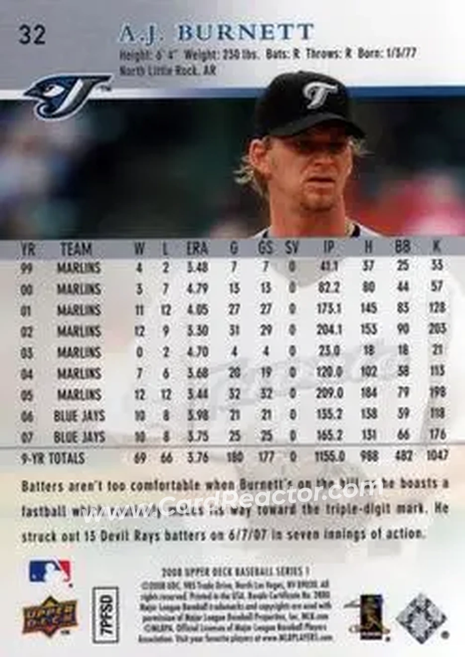 2008 Upper Deck #32 - A.J. Burnett - Toronto Blue Jays - Back 2008 Upper Deck #32 - A.J. Burnett - Toronto Blue Jays - Back