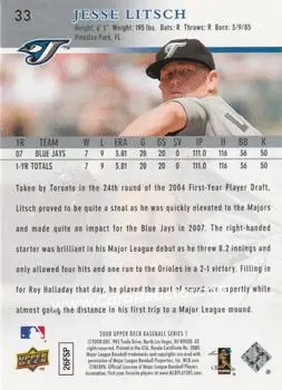 2008 Upper Deck #33 - Jesse Litsch - Toronto Blue Jays - Back