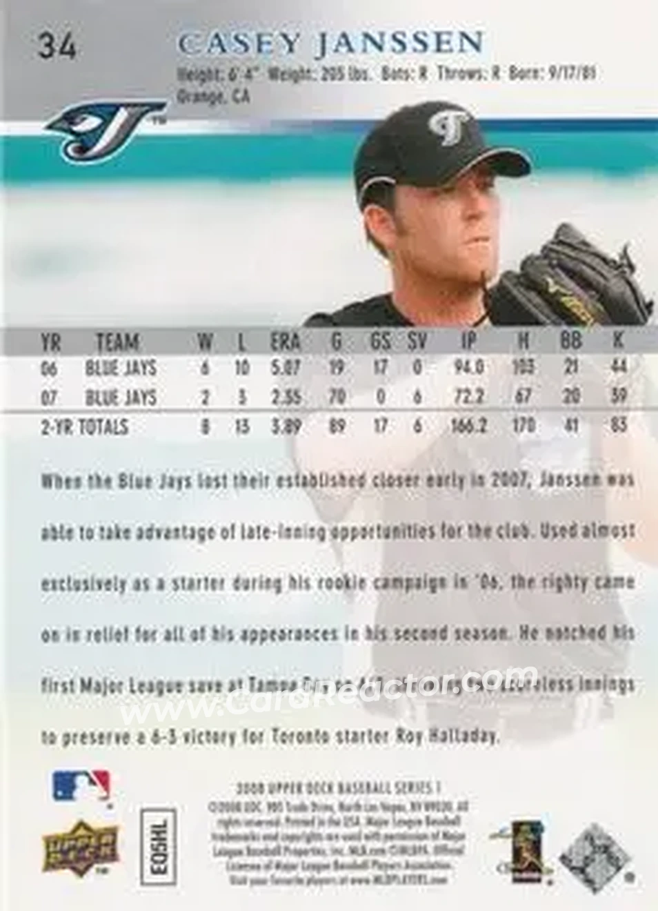 2008 Upper Deck #34 - Casey Janssen - Toronto Blue Jays - Back 2008 Upper Deck #34 - Casey Janssen - Toronto Blue Jays - Back