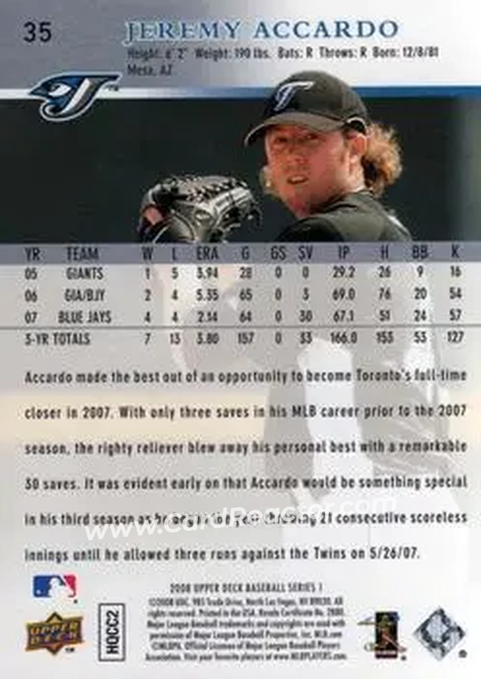 2008 Upper Deck #35 - Jeremy Accardo - Toronto Blue Jays - Back 2008 Upper Deck #35 - Jeremy Accardo - Toronto Blue Jays - Back