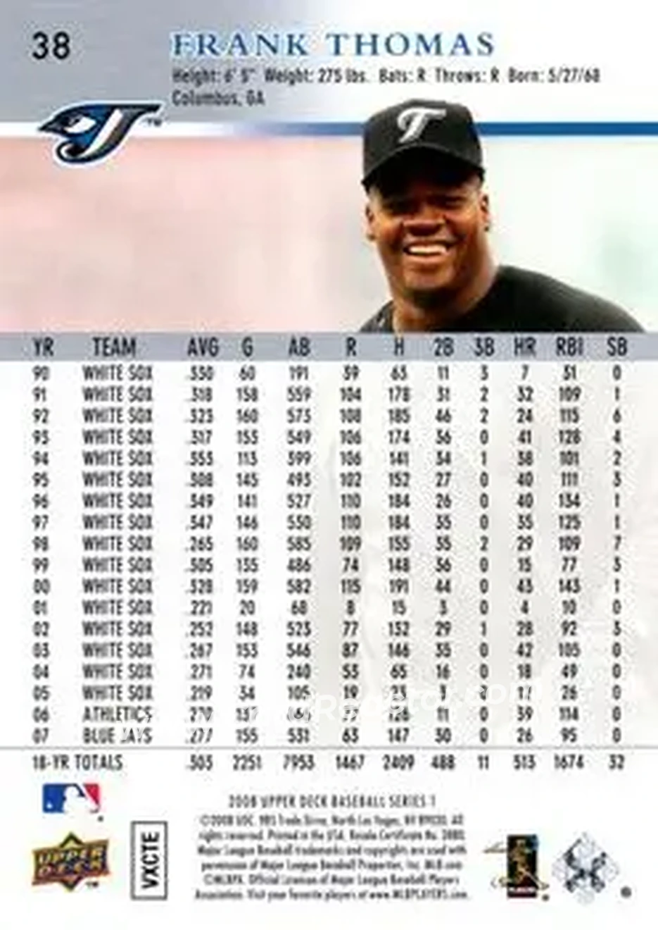 2008 Upper Deck #38 - Frank Thomas - Toronto Blue Jays - Back 2008 Upper Deck #38 - Frank Thomas - Toronto Blue Jays - Back
