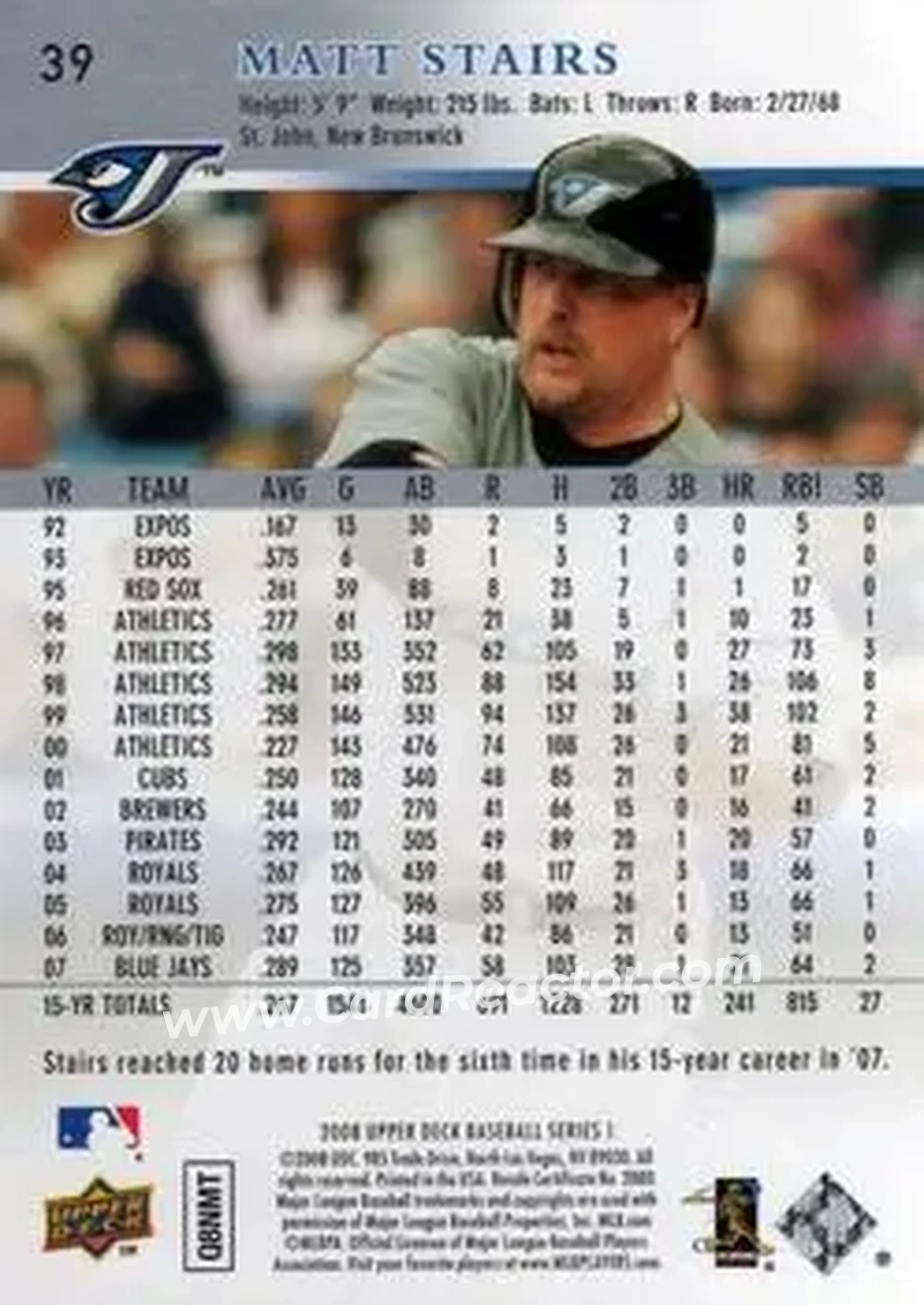 2008 Upper Deck #39 - Matt Stairs - Toronto Blue Jays - Back 2008 Upper Deck #39 - Matt Stairs - Toronto Blue Jays - Back
