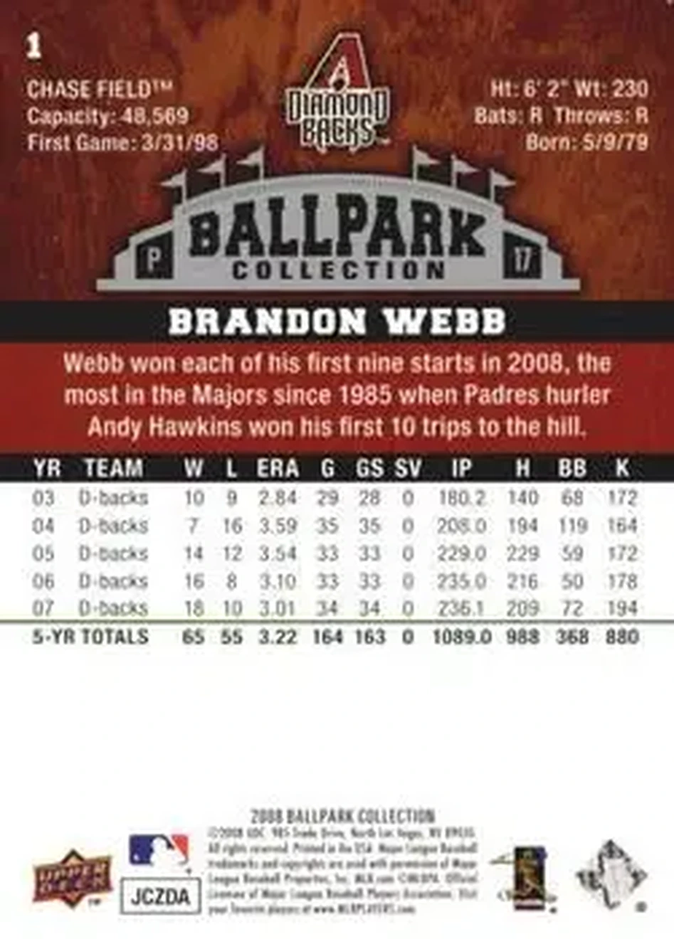 2008 Upper Deck Ballpark Collection #1 - Brandon Webb - Arizona Diamondbacks - Back 2008 Upper Deck Ballpark Collection #1 - Brandon Webb - Arizona Diamondbacks - Back