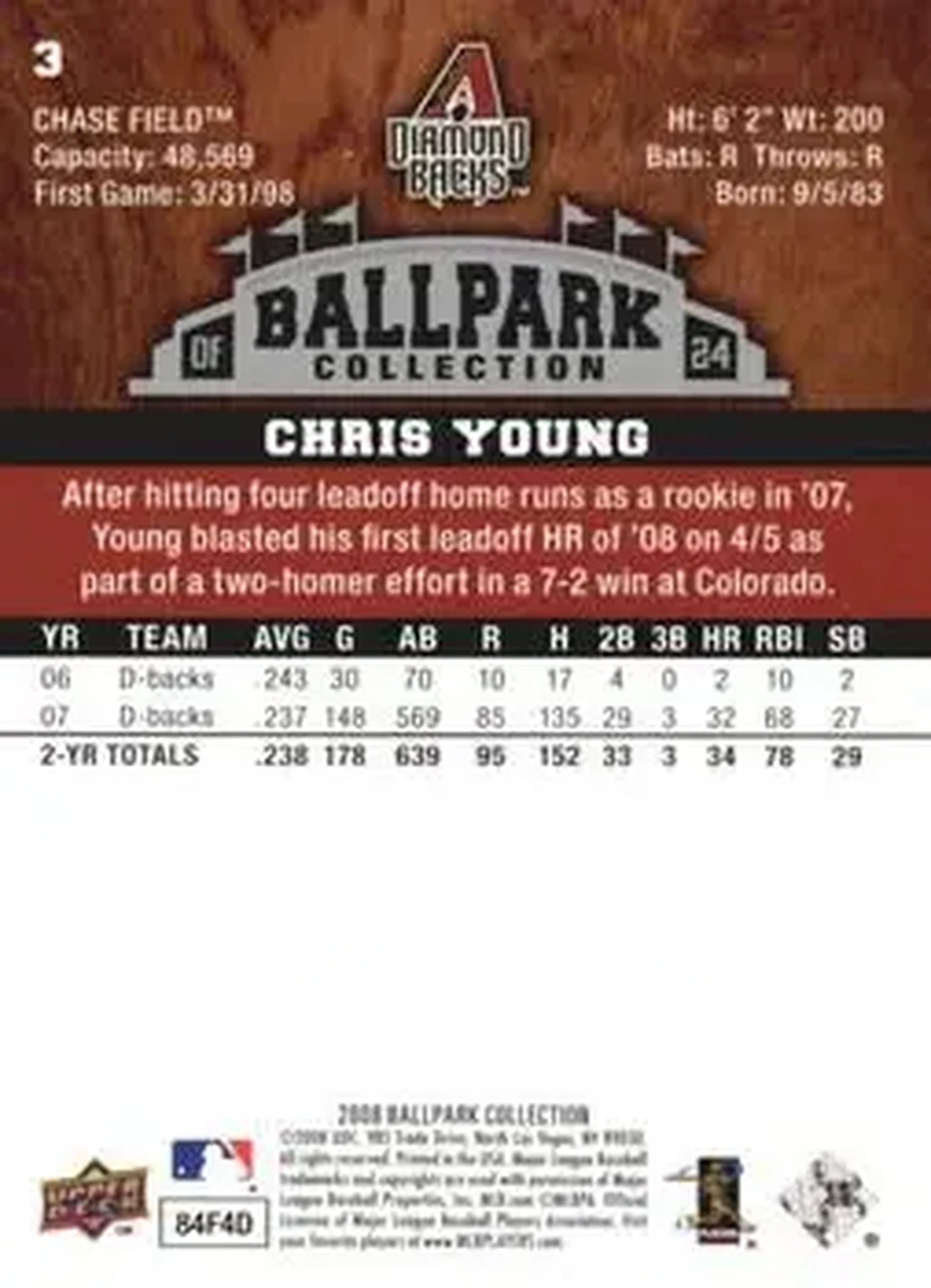 2008 Upper Deck Ballpark Collection #3 - Chris Young - Arizona Diamondbacks - Back 2008 Upper Deck Ballpark Collection #3 - Chris Young - Arizona Diamondbacks - Back