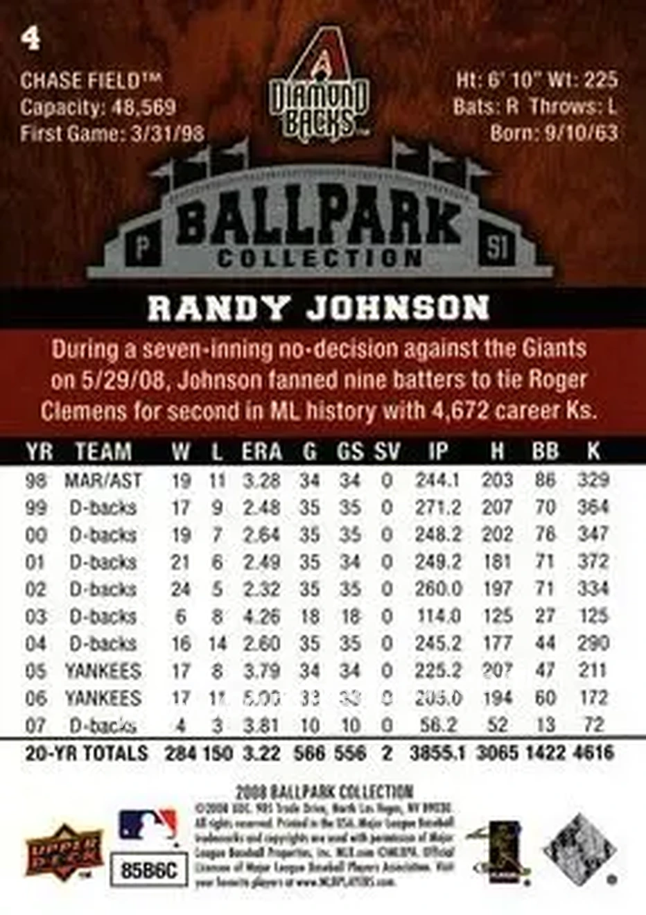 2008 Upper Deck Ballpark Collection #4 - Randy Johnson - Arizona Diamondbacks - Back 2008 Upper Deck Ballpark Collection #4 - Randy Johnson - Arizona Diamondbacks - Back