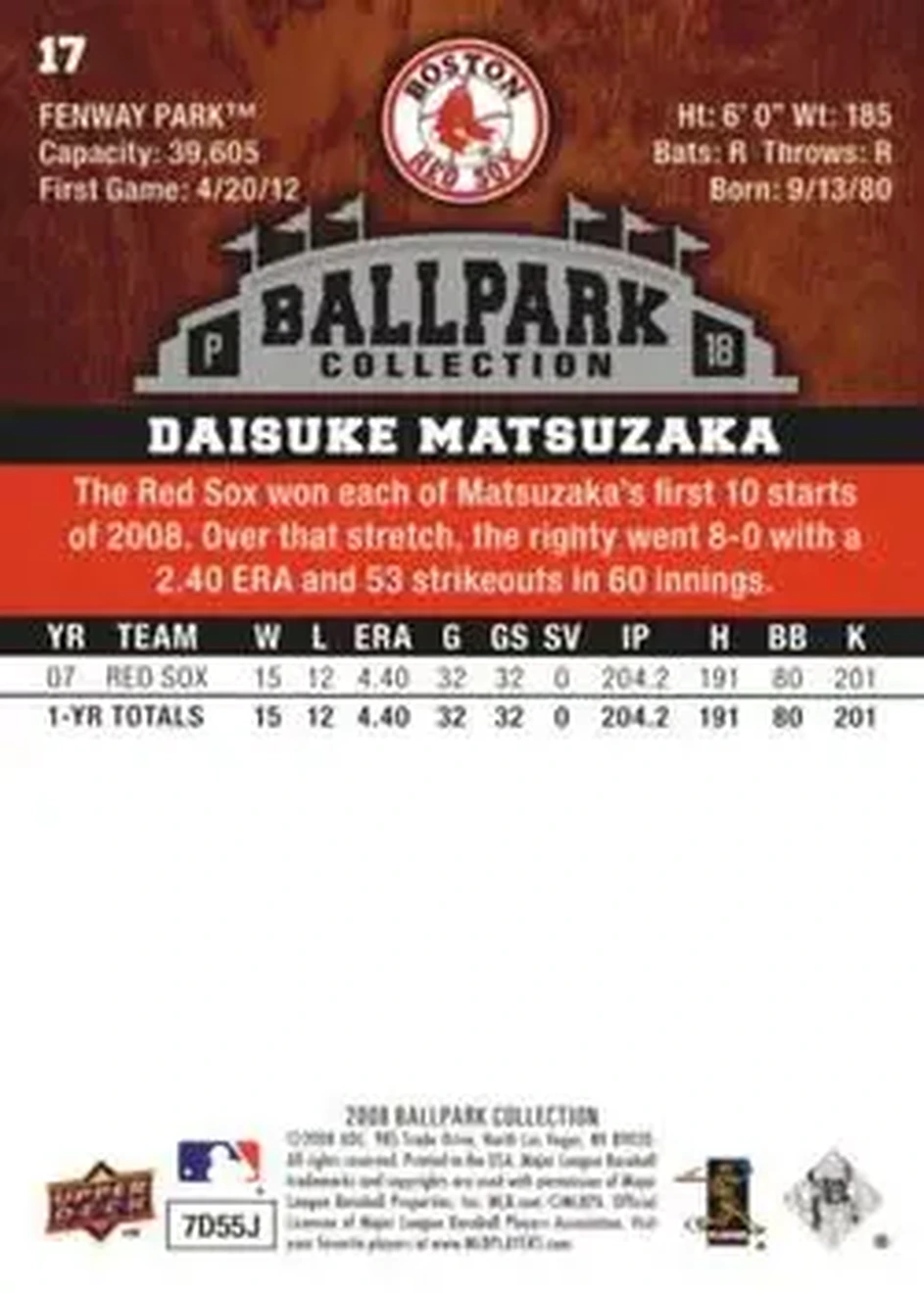 2008 Upper Deck Ballpark Collection #17 - Daisuke Matsuzaka - Boston Red Sox - Back 2008 Upper Deck Ballpark Collection #17 - Daisuke Matsuzaka - Boston Red Sox - Back