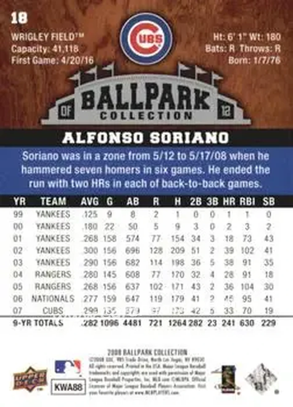 2008 Upper Deck Ballpark Collection #18 - Alfonso Soriano - Chicago Cubs - Back 2008 Upper Deck Ballpark Collection #18 - Alfonso Soriano - Chicago Cubs - Back