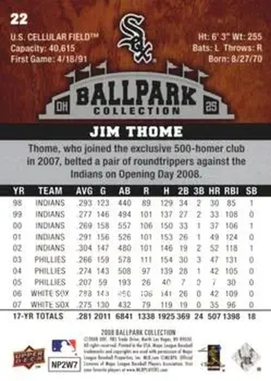 2008 Upper Deck Ballpark Collection #22 - Jim Thome - Chicago White Sox - Back