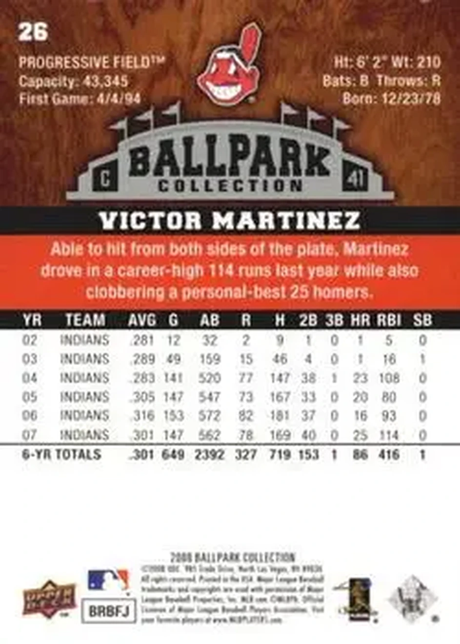 2008 Upper Deck Ballpark Collection #26 - Victor Martinez - Cleveland Indians - Back