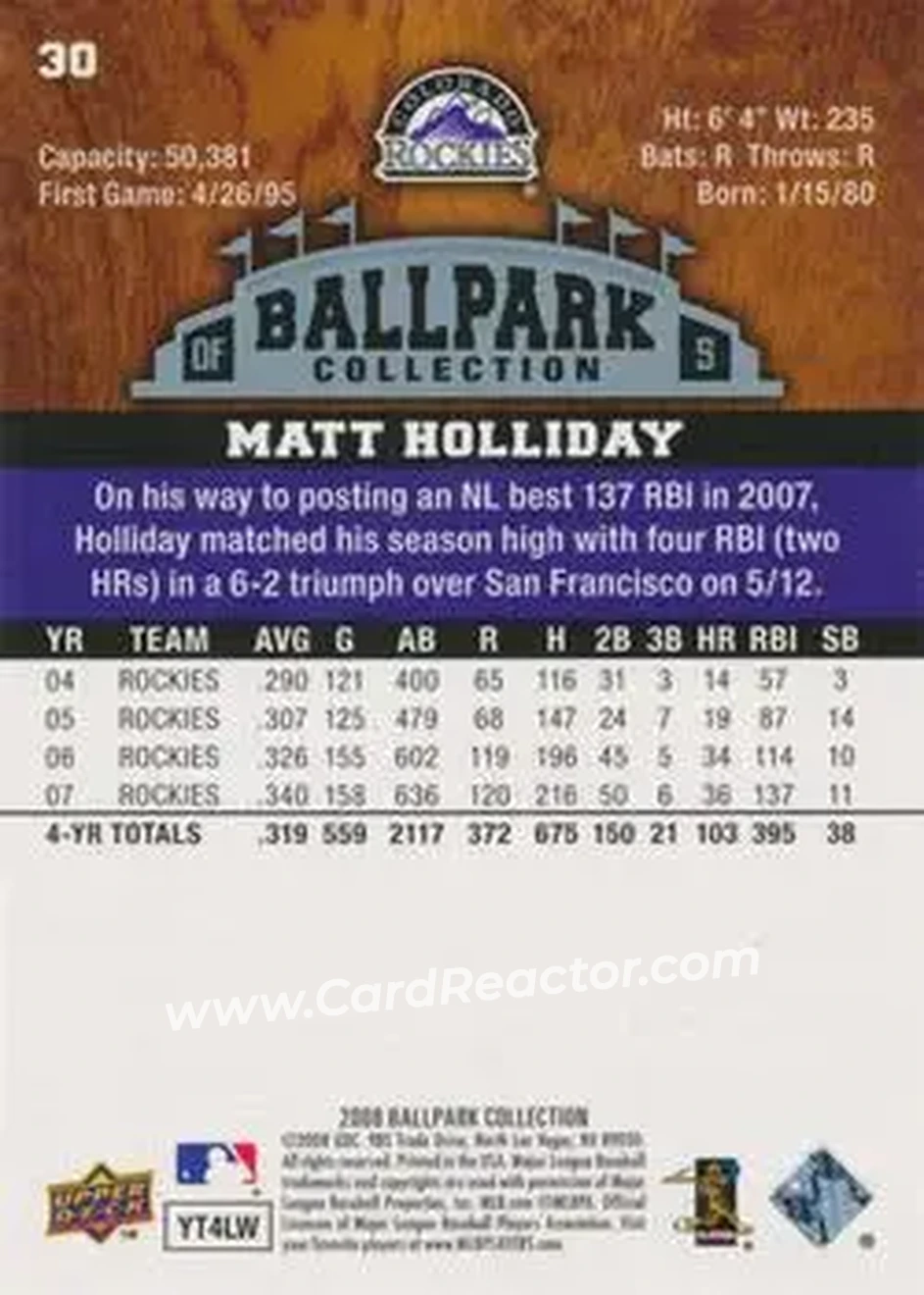 2008 Upper Deck Ballpark Collection #30 - Matt Holliday - Colorado Rockies - Back