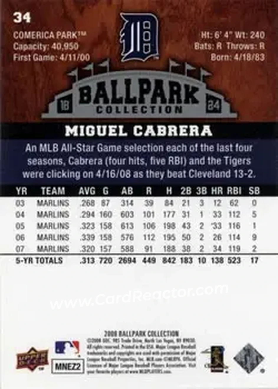 2008 Upper Deck Ballpark Collection #34 - Miguel Cabrera - Detroit Tigers - Back 2008 Upper Deck Ballpark Collection #34 - Miguel Cabrera - Detroit Tigers - Back