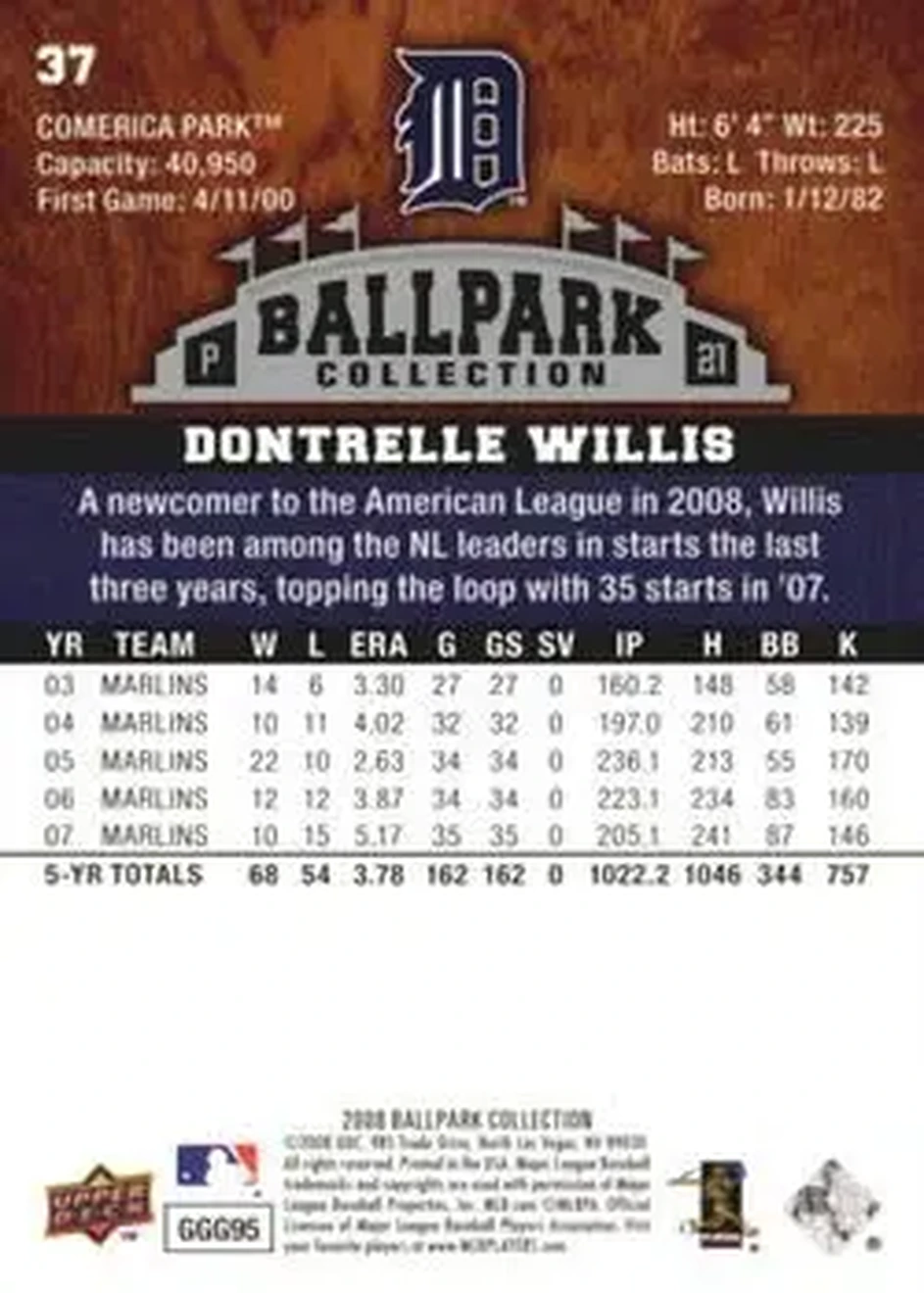 2008 Upper Deck Ballpark Collection #37 - Dontrelle Willis - Detroit Tigers - Back