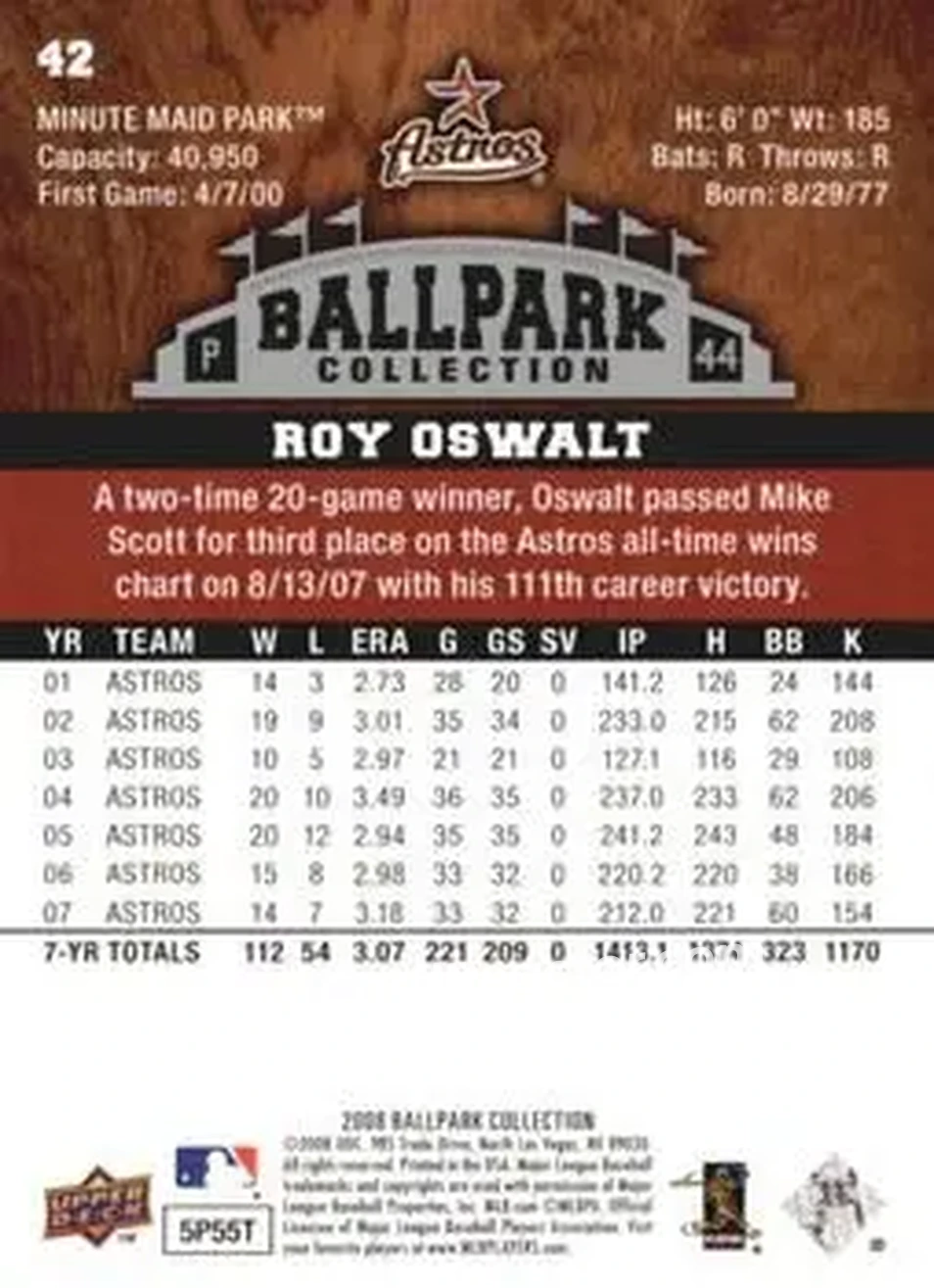 2008 Upper Deck Ballpark Collection #42 - Roy Oswalt - Houston Astros - Back