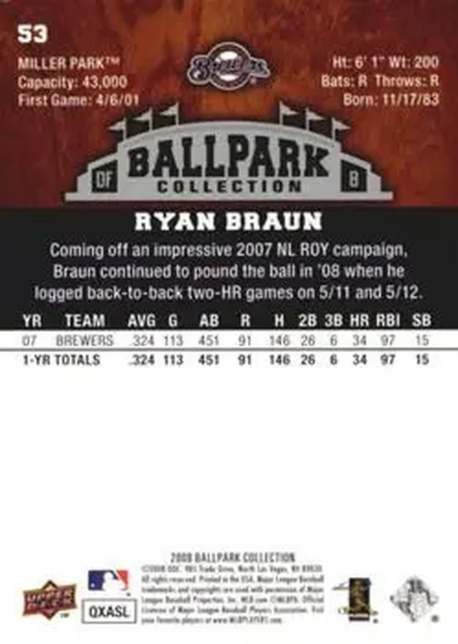2008 Upper Deck Ballpark Collection #53 - Ryan Braun - Milwaukee Brewers - Back 2008 Upper Deck Ballpark Collection #53 - Ryan Braun - Milwaukee Brewers - Back