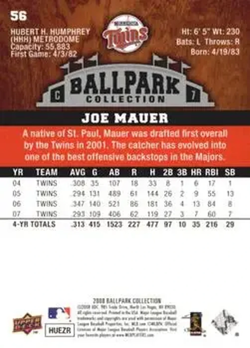 2008 Upper Deck Ballpark Collection #56 - Joe Mauer - Minnesota Twins - Back