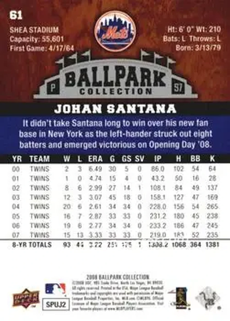 2008 Upper Deck Ballpark Collection #61 - Johan Santana - New York Mets - Back 2008 Upper Deck Ballpark Collection #61 - Johan Santana - New York Mets - Back