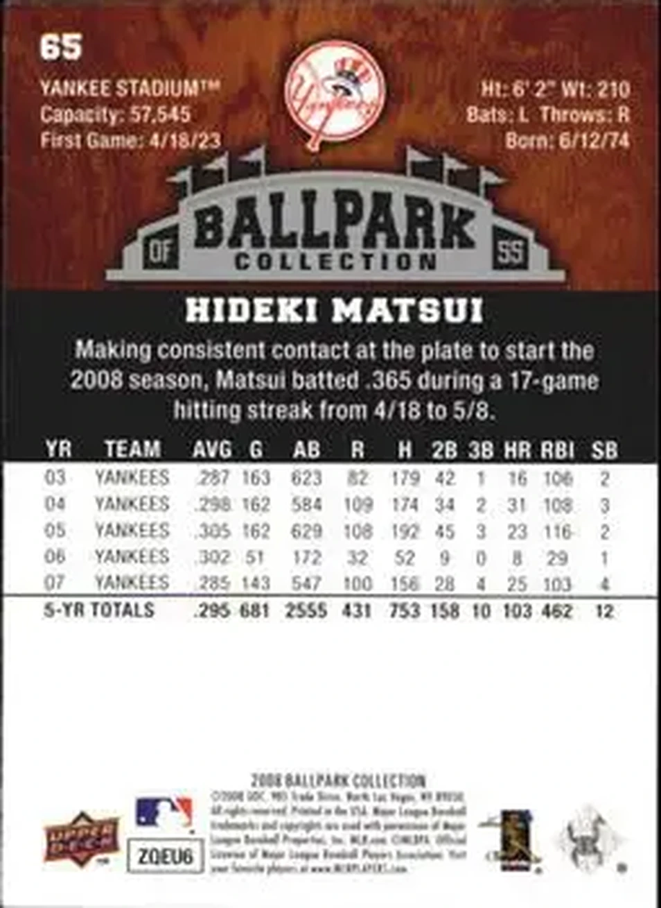 2008 Upper Deck Ballpark Collection #65 - Hideki Matsui - New York Yankees - Back