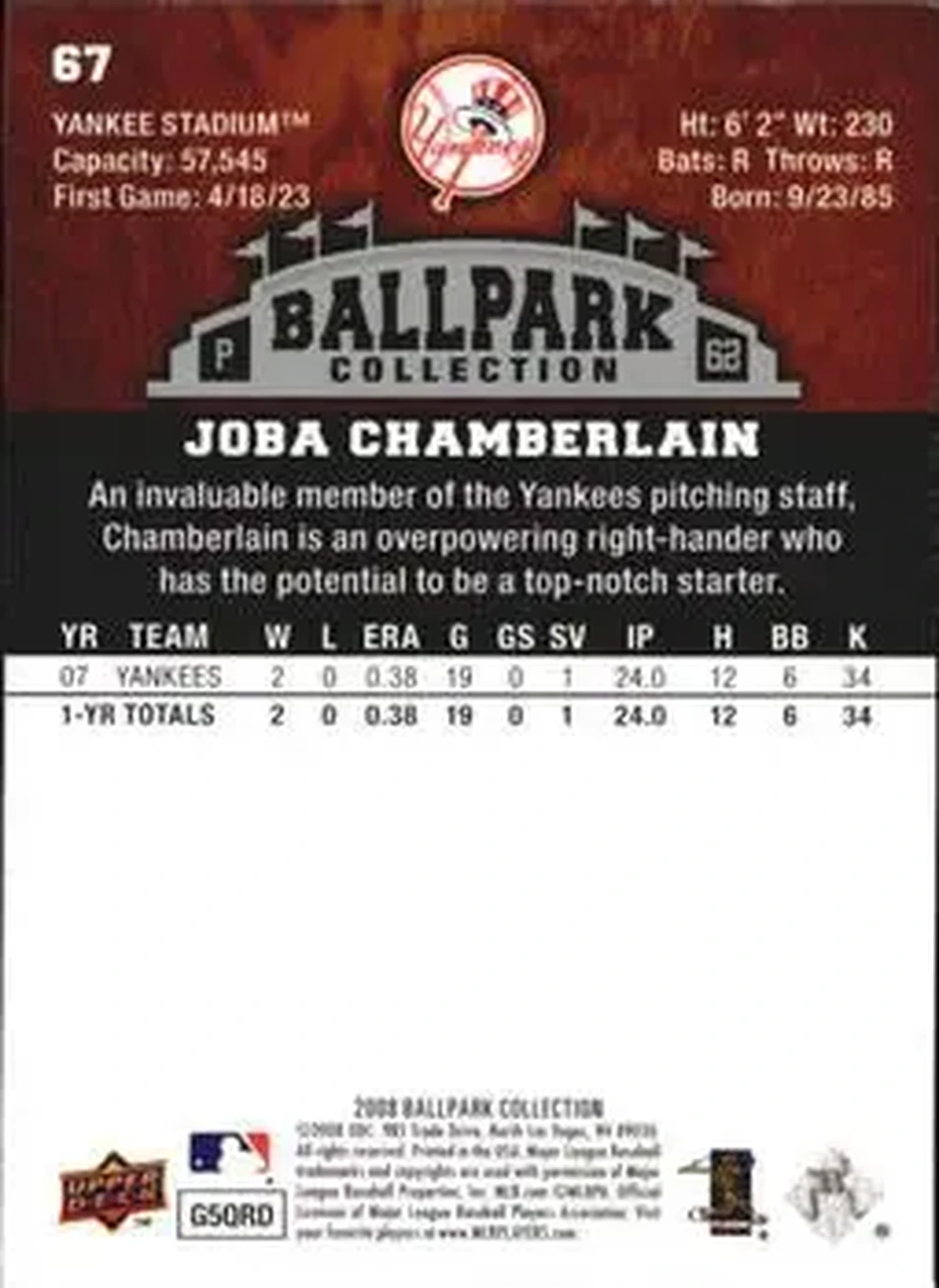 2008 Upper Deck Ballpark Collection #67 - Joba Chamberlain - New York Yankees - Back