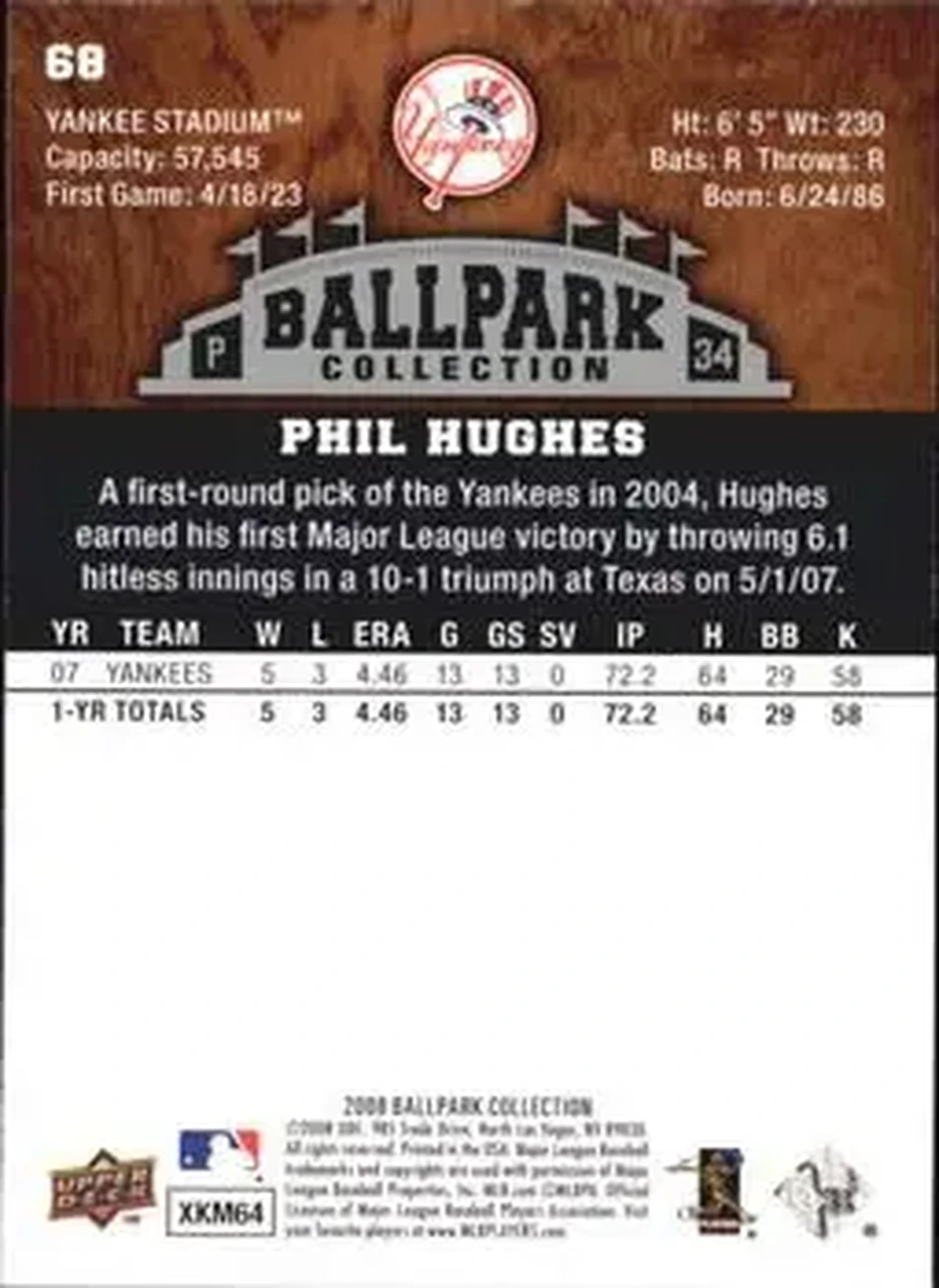 2008 Upper Deck Ballpark Collection #68 - Phil Hughes - New York Yankees - Back