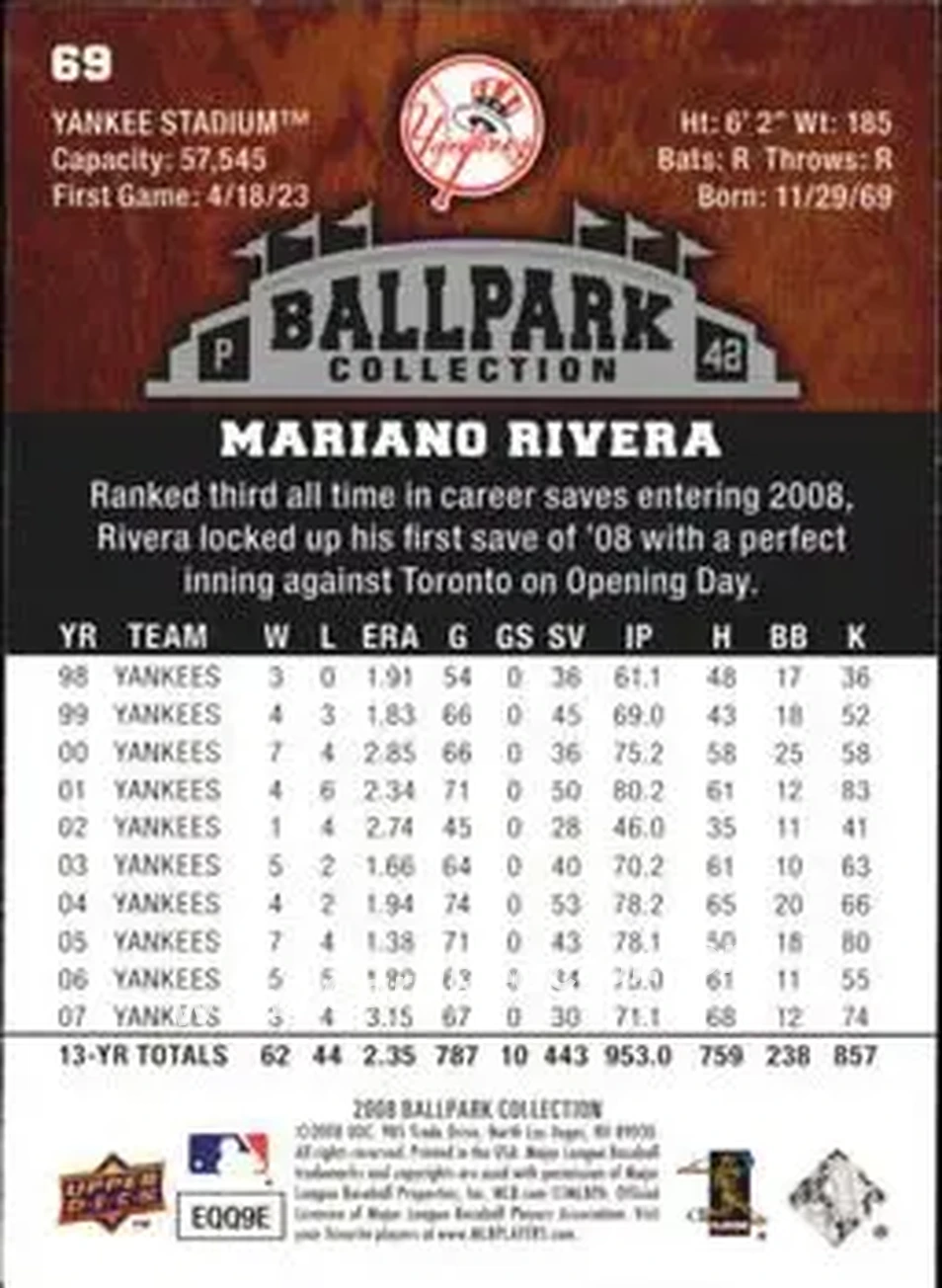 2008 Upper Deck Ballpark Collection #69 - Mariano Rivera - New York Yankees - Back 2008 Upper Deck Ballpark Collection #69 - Mariano Rivera - New York Yankees - Back