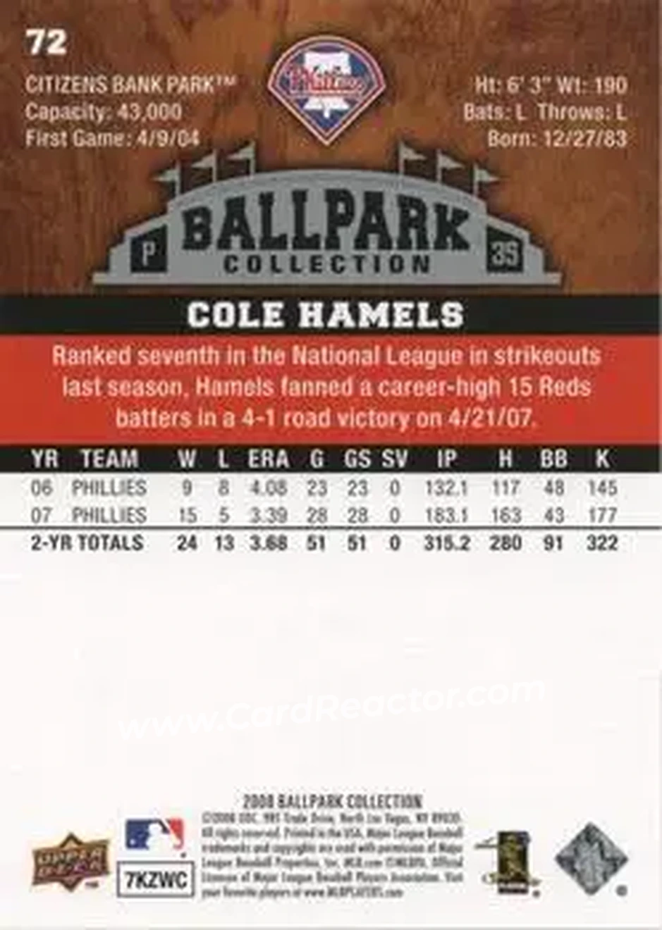 2008 Upper Deck Ballpark Collection #72 - Cole Hamels - Philadelphia Phillies - Back