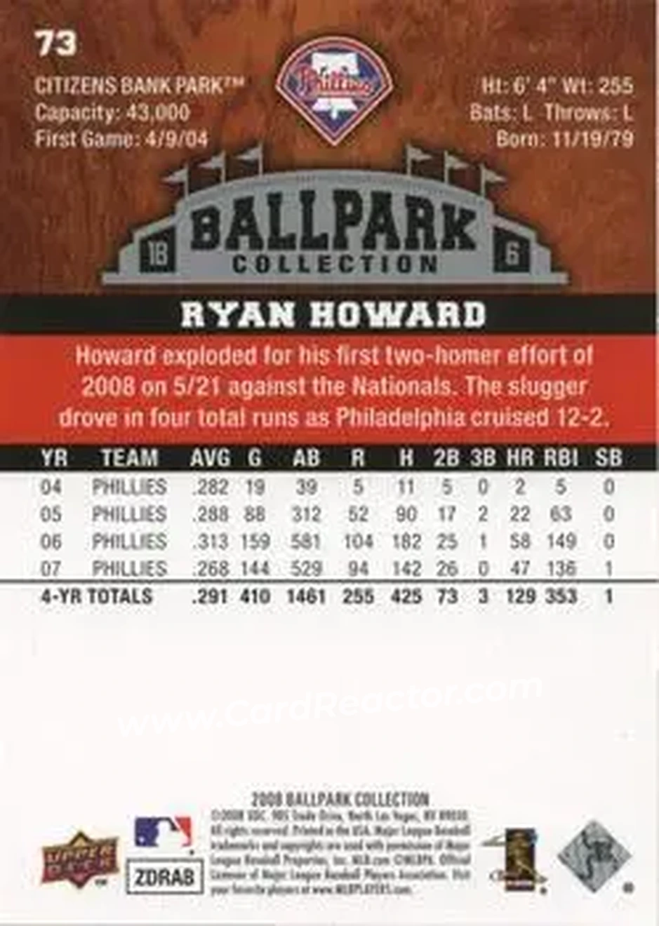 2008 Upper Deck Ballpark Collection #73 - Ryan Howard - Philadelphia Phillies - Back