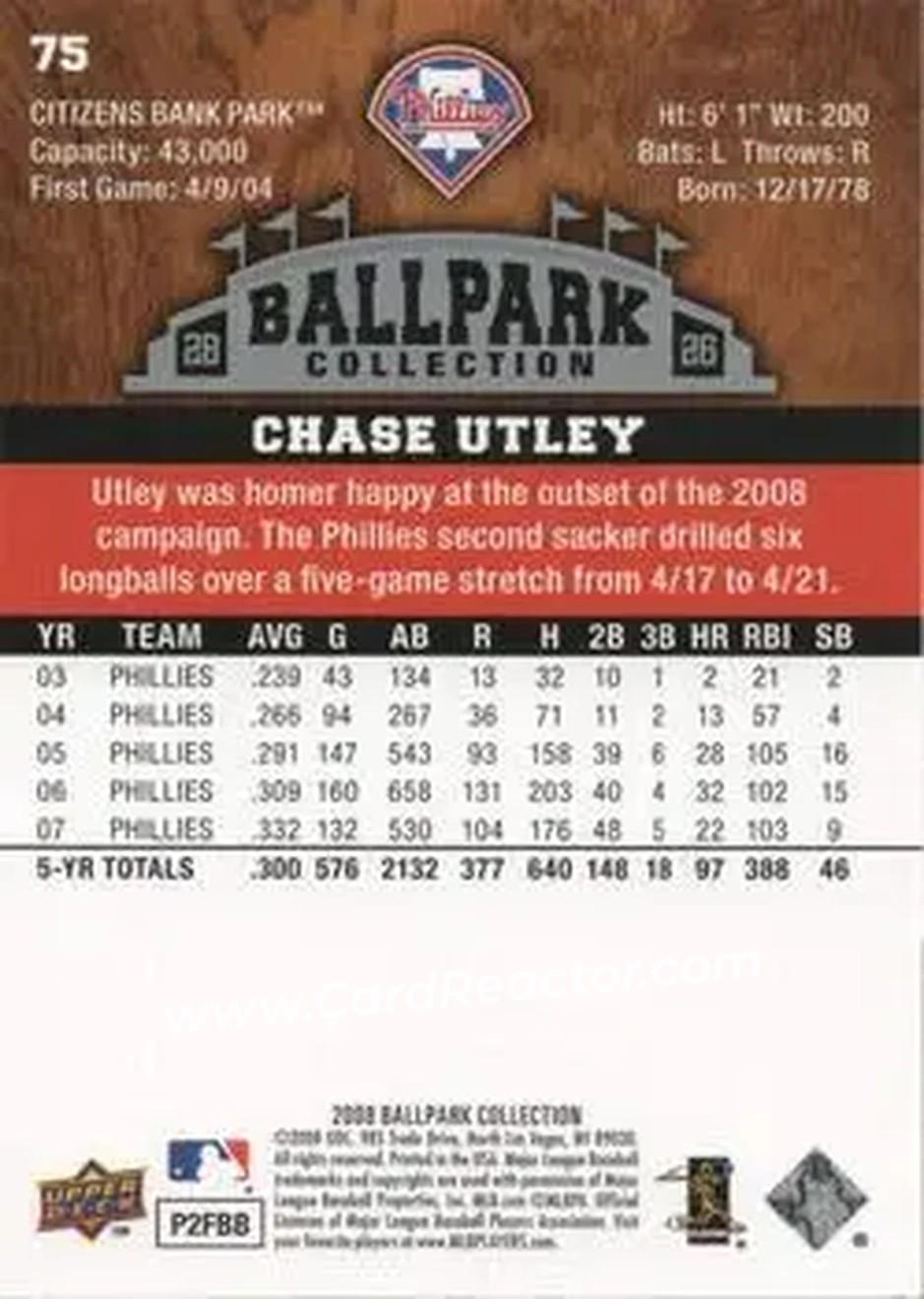 2008 Upper Deck Ballpark Collection #75 - Chase Utley - Philadelphia Phillies - Back 2008 Upper Deck Ballpark Collection #75 - Chase Utley - Philadelphia Phillies - Back