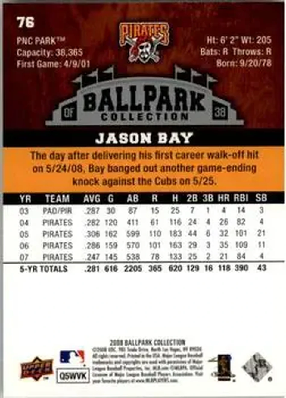 2008 Upper Deck Ballpark Collection #76 - Jason Bay - Pittsburgh Pirates - Back