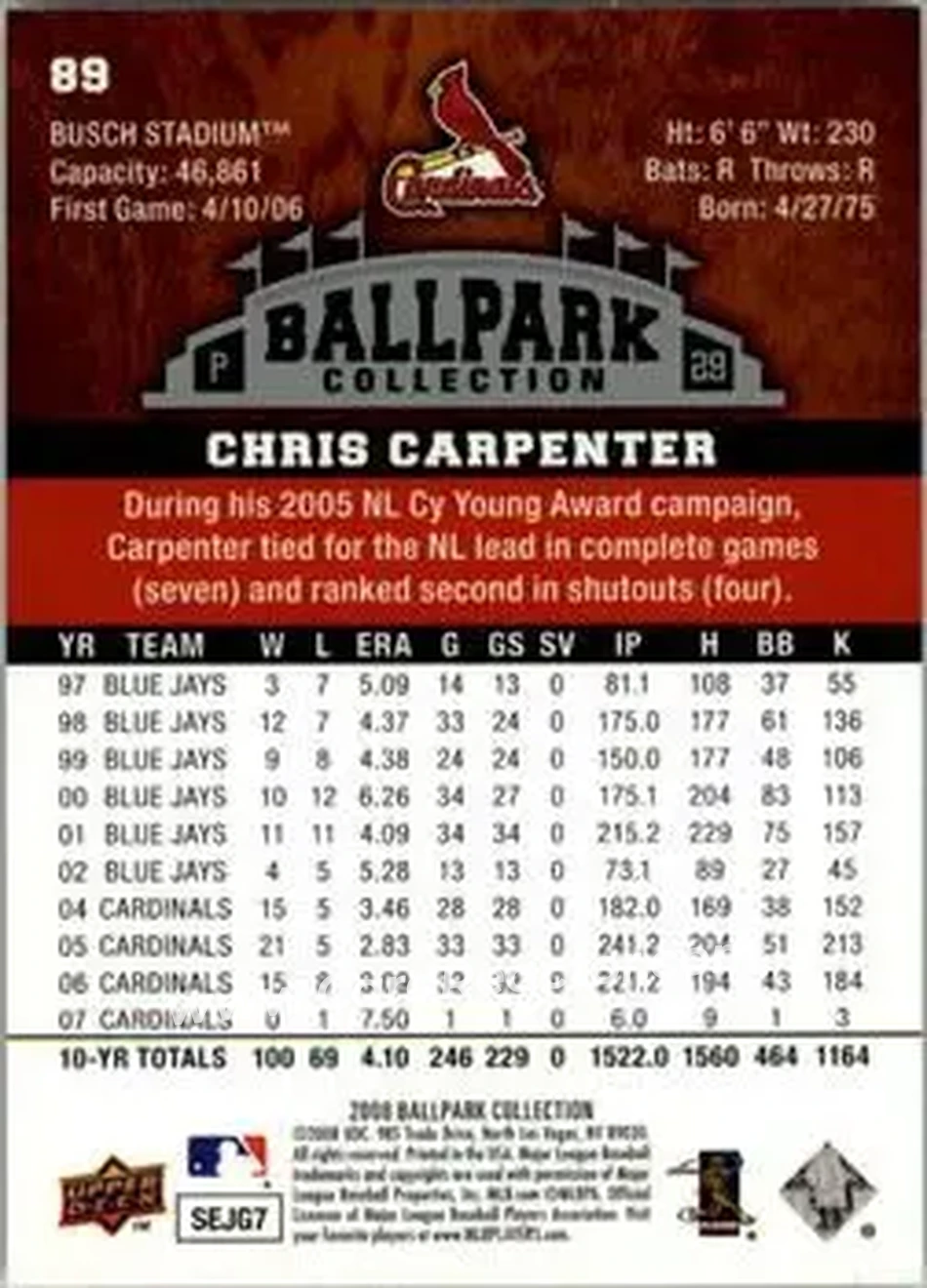 2008 Upper Deck Ballpark Collection #89 - Chris Carpenter - St. Louis Cardinals - Back
