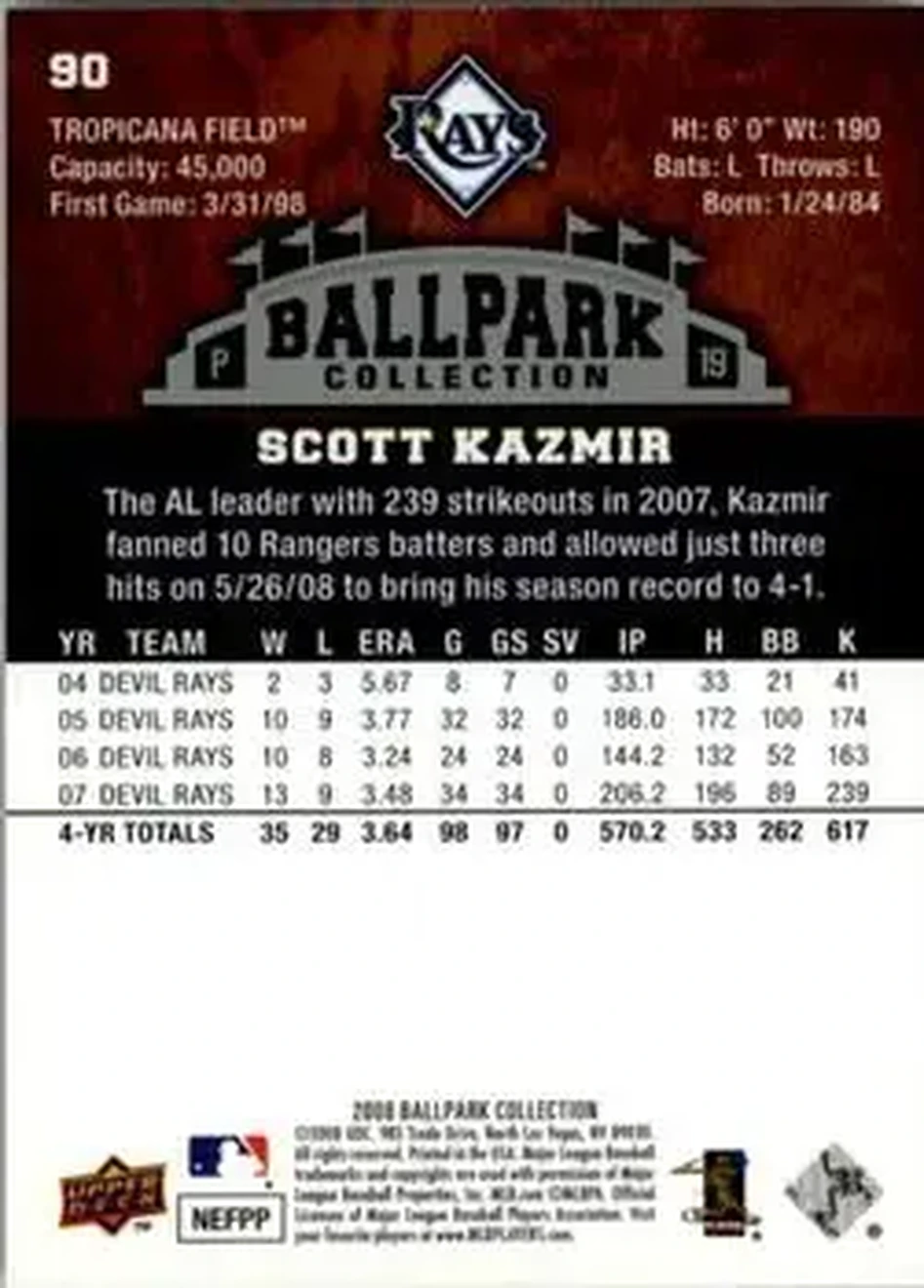 2008 Upper Deck Ballpark Collection #90 - Scott Kazmir - Tampa Bay Rays - Back