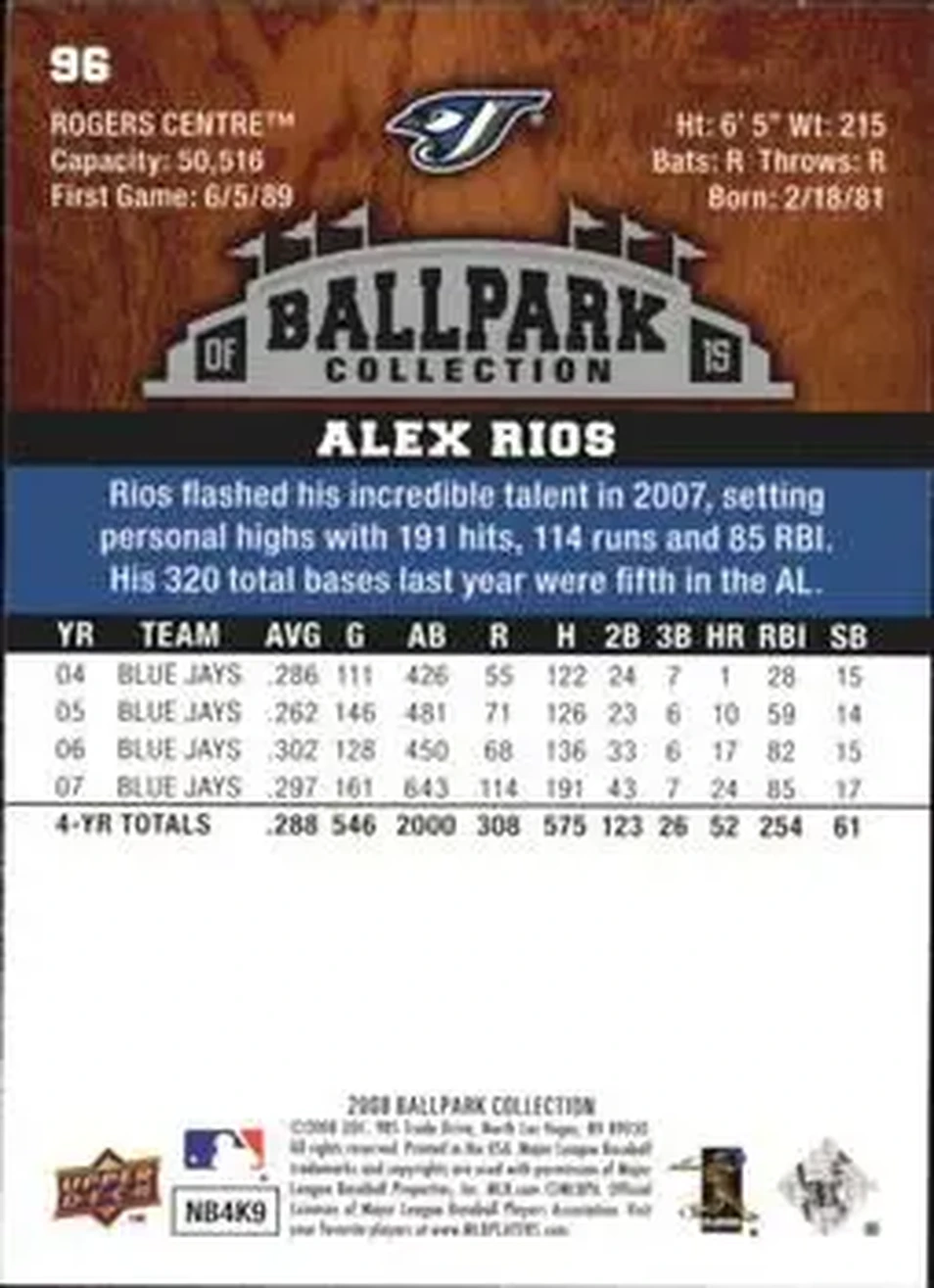 2008 Upper Deck Ballpark Collection #96 - Alex Rios - Toronto Blue Jays - Back 2008 Upper Deck Ballpark Collection #96 - Alex Rios - Toronto Blue Jays - Back