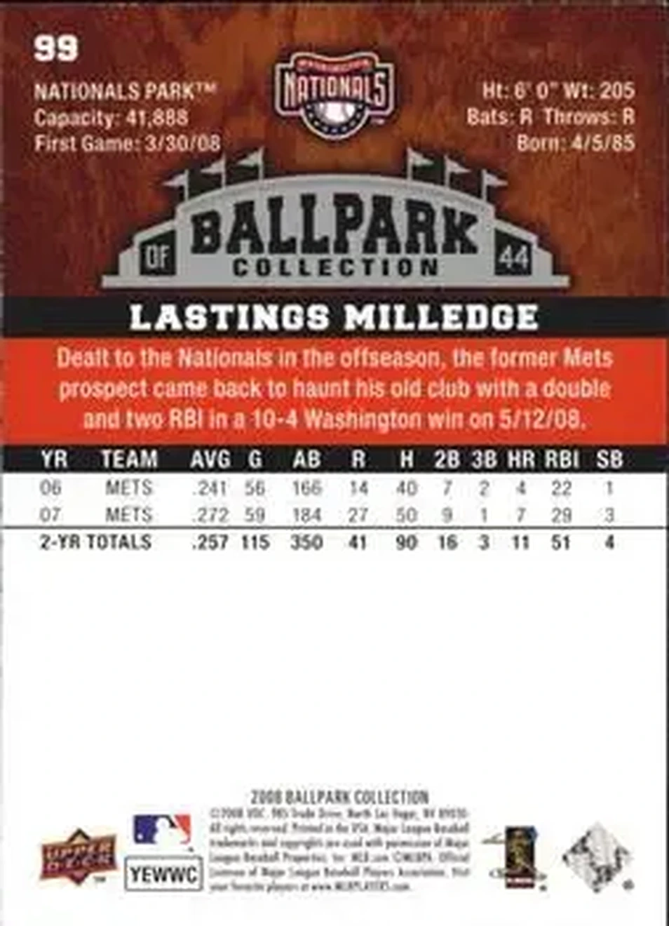 2008 Upper Deck Ballpark Collection #99 - Lastings Milledge - Washington Nationals - Back